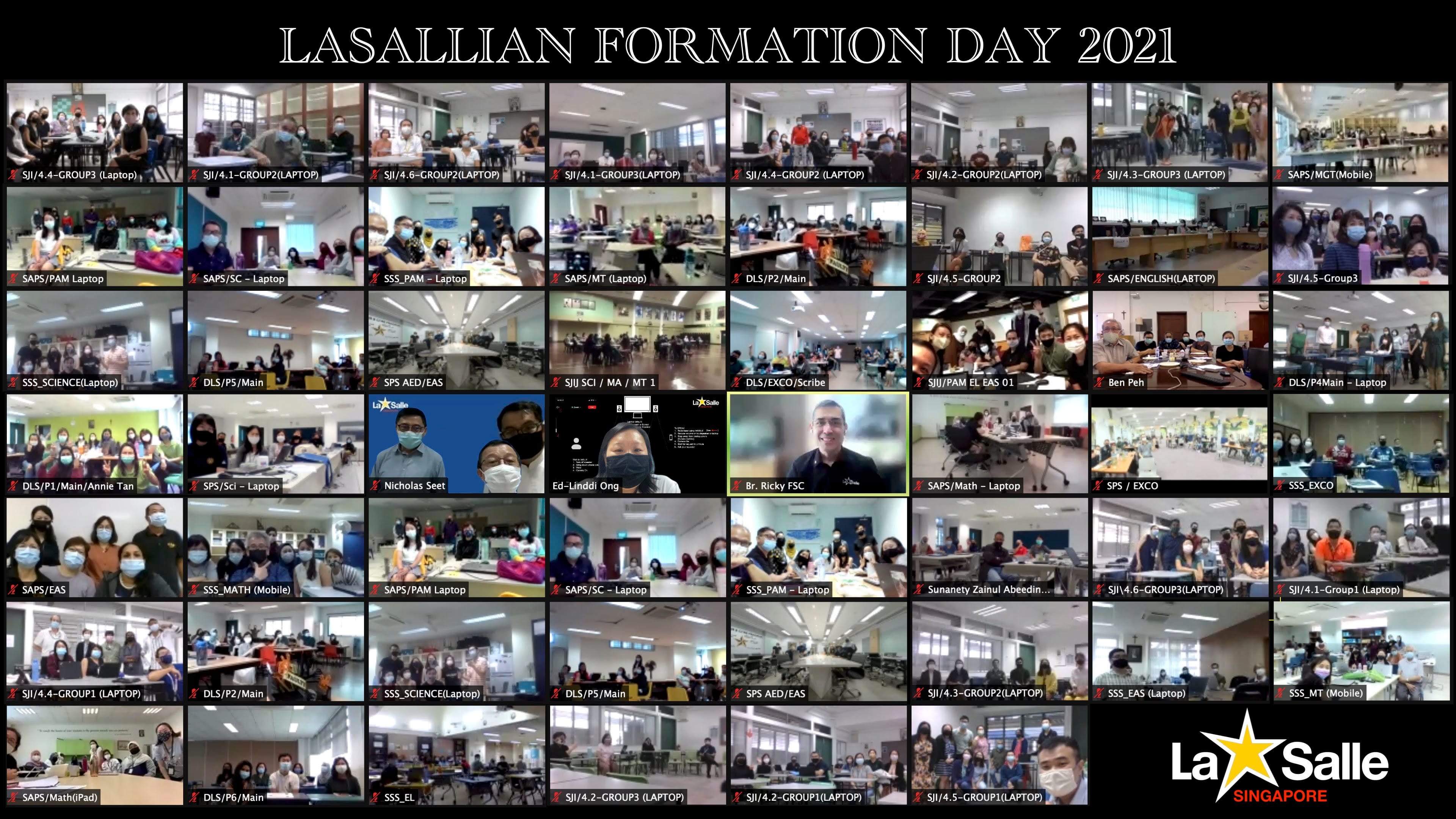 Grid of video call participants in classrooms for Lasallian Formation Day 2021, La Salle Singapore.