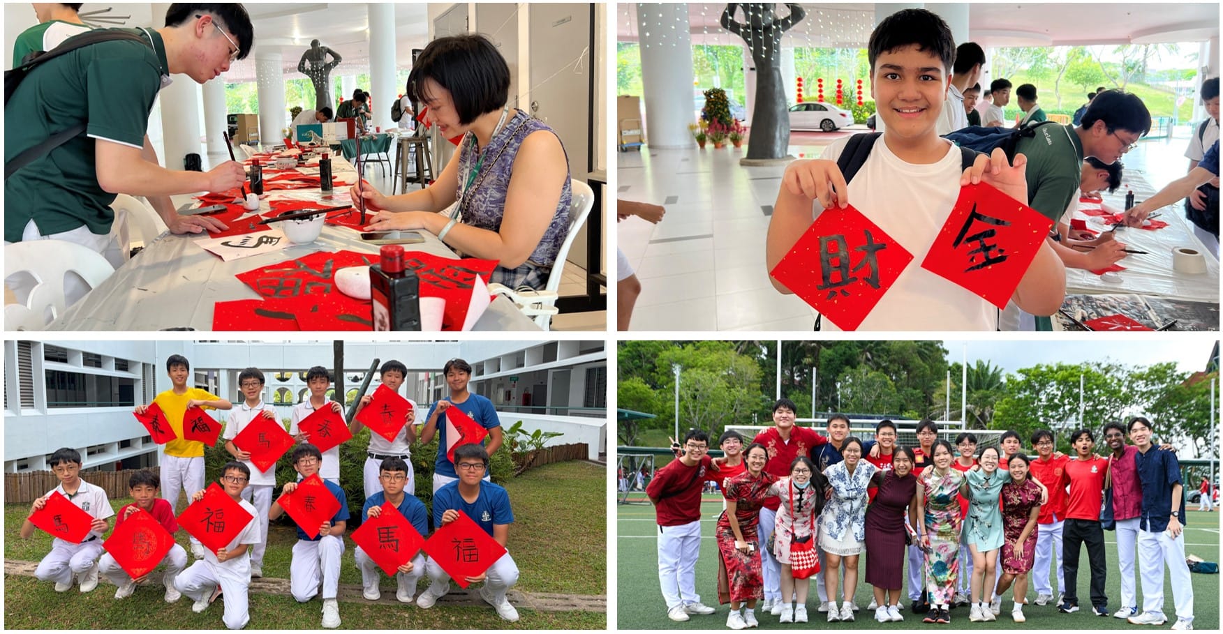 Students celebrate Chinese New Year with calligraphy on red paper, posing outdoors in festive attire.