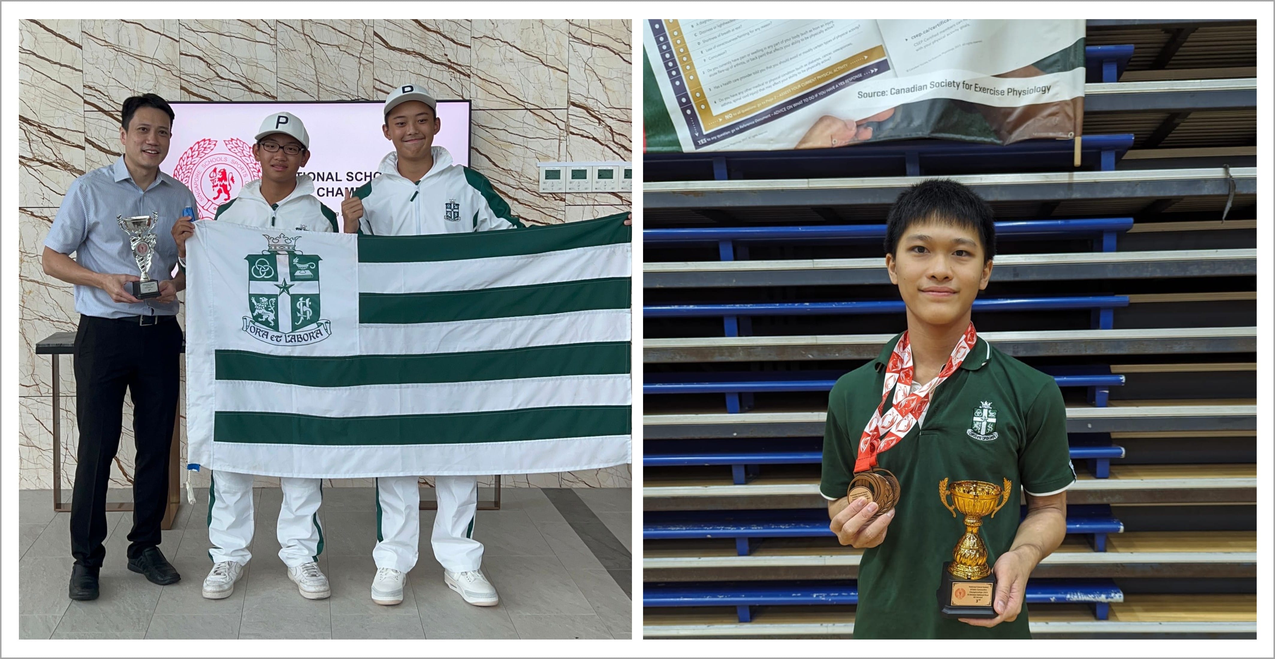 Three students in green uniforms hold trophies and a school flag; one student also wears a medal and holds a gold cup.
