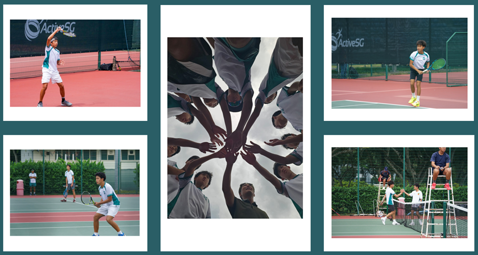 Five photos of a youth tennis team playing matches and joining hands in a team huddle on ActiveSG courts.