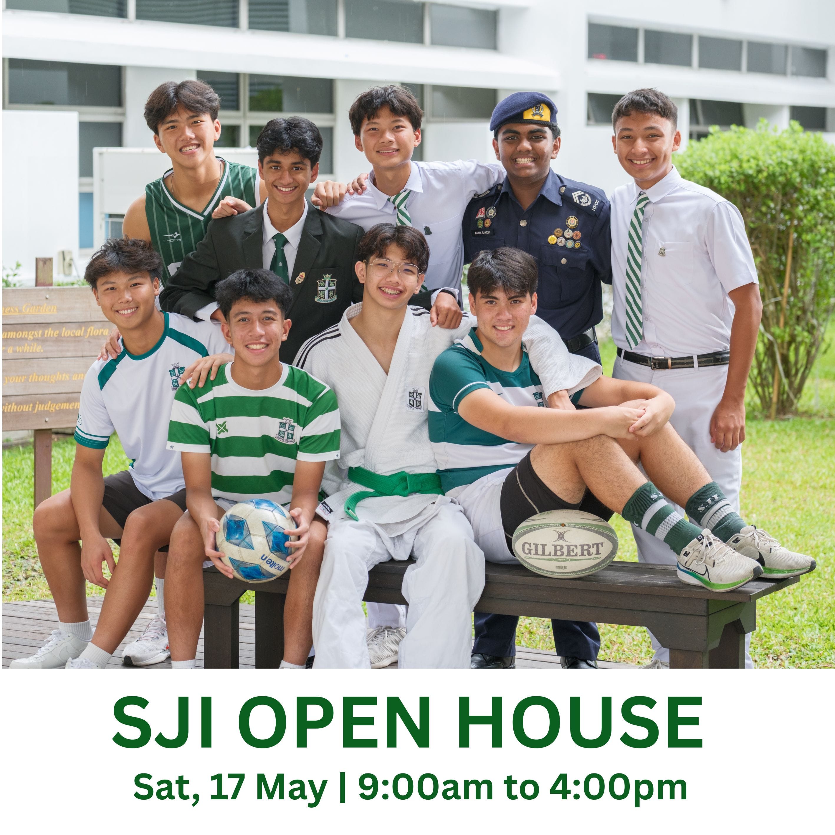 Eight smiling male students in various SJI uniforms pose outdoors; text reads SJI Open House, Sat 17 May, 9am to 4pm.