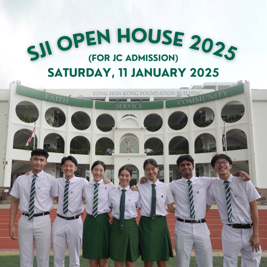 Seven SJI students in white uniforms with green ties stand smiling outside the Yong Hon Kong Foundation Building.