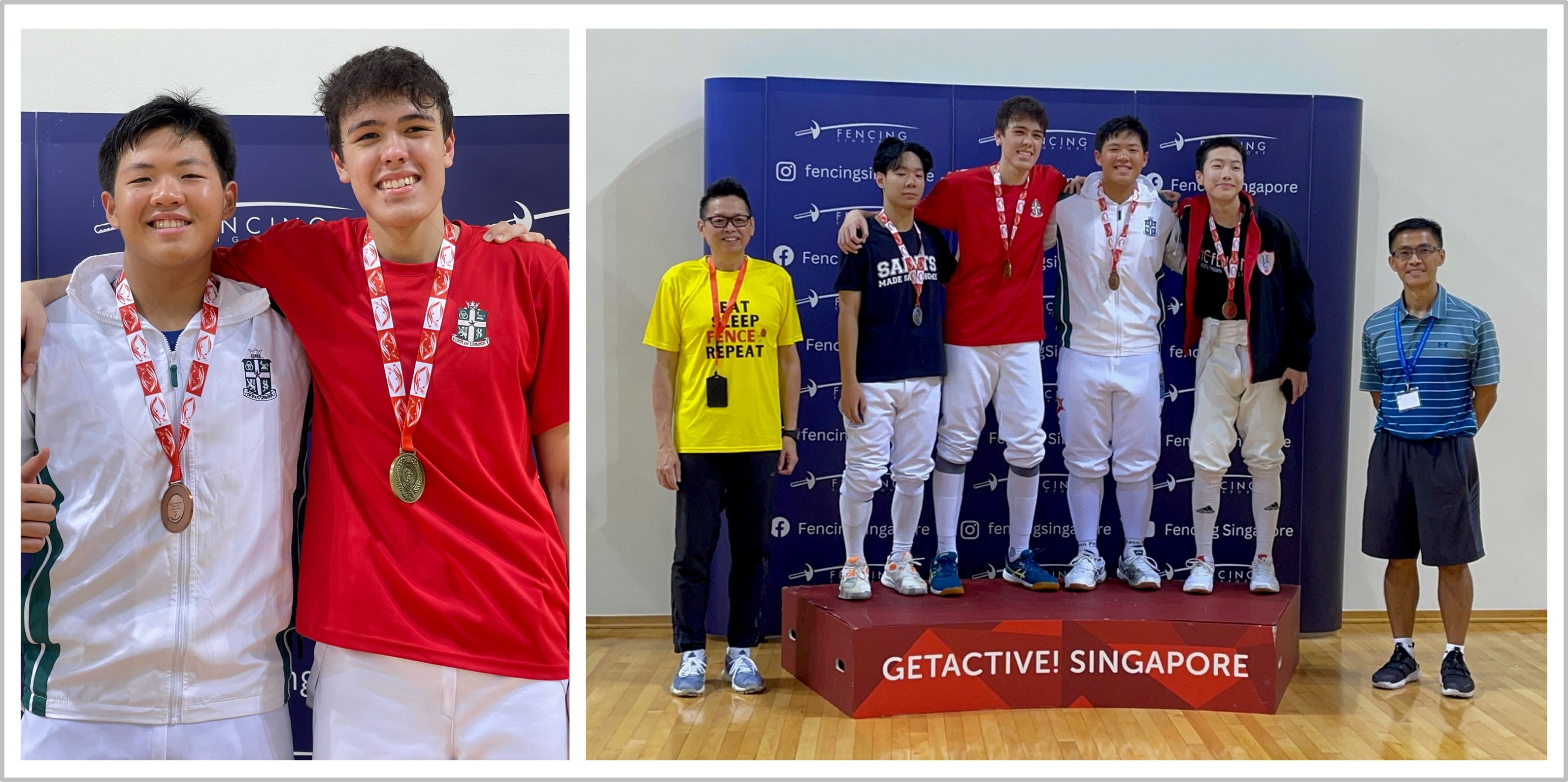 Two young fencers with medals pose together, alongside a podium photo of four medalists at a Fencing Singapore event.