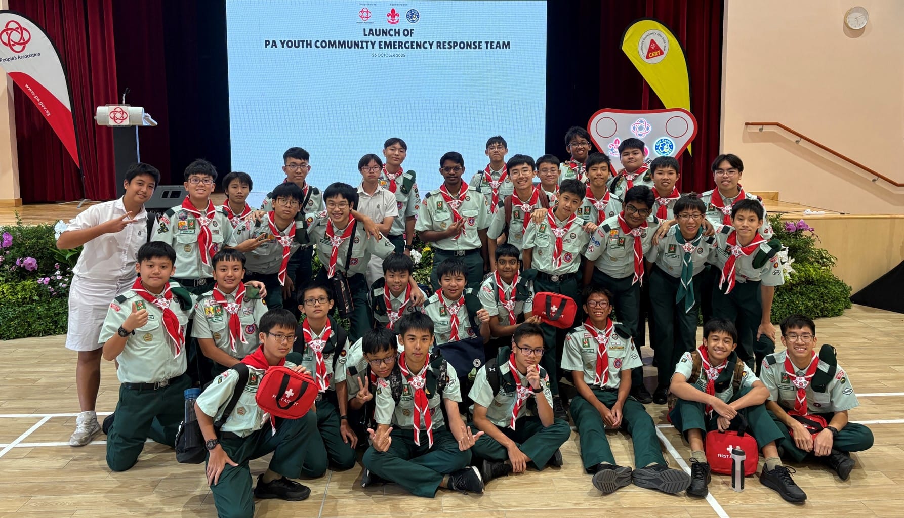 Group of youth scouts in uniform posing at the PA Youth Community Emergency Response Team launch event.