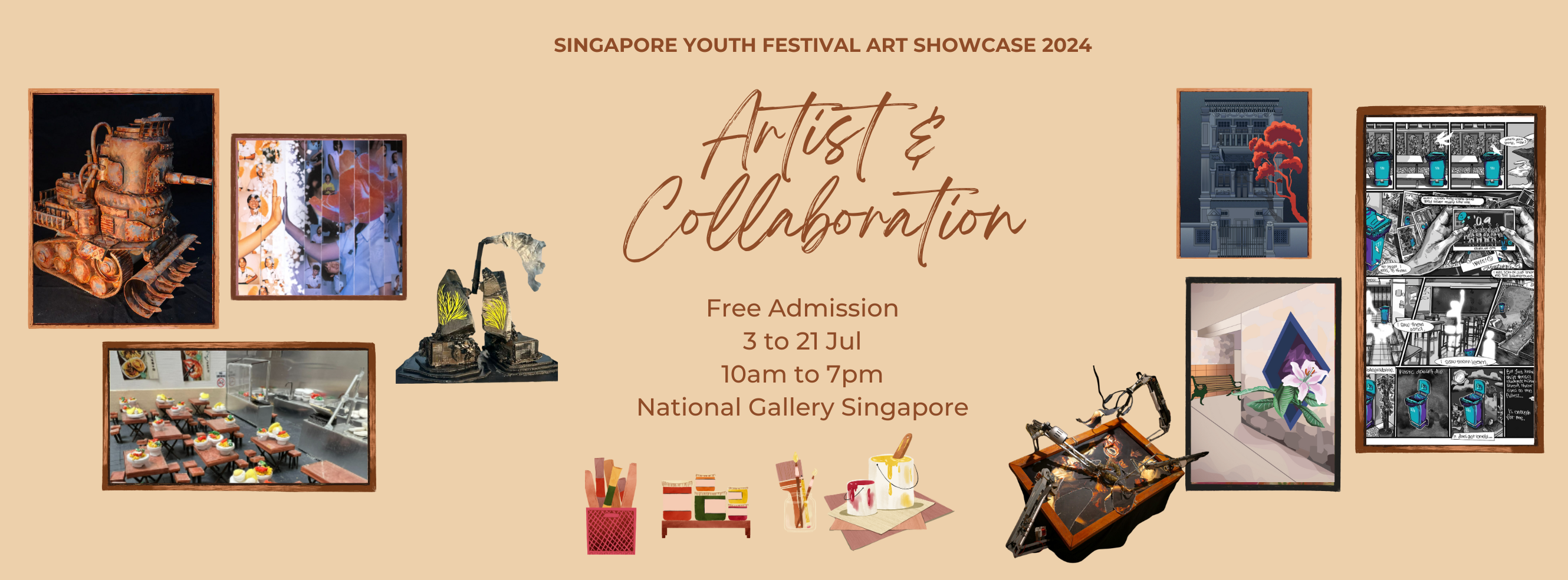 Promotional banner for Singapore Youth Festival Art Showcase 2024, Artist and Collaboration, free admission 3 to 21 July.