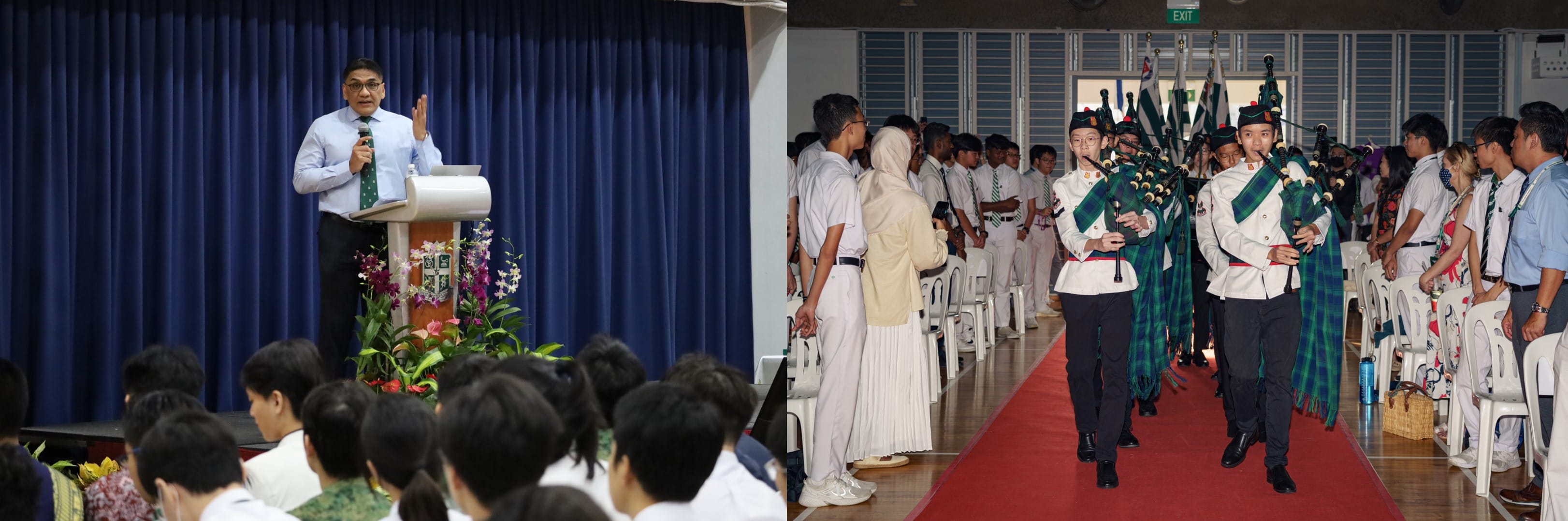A speaker addresses students at a podium; beside it, uniformed bagpipers march down a red carpet aisle.
