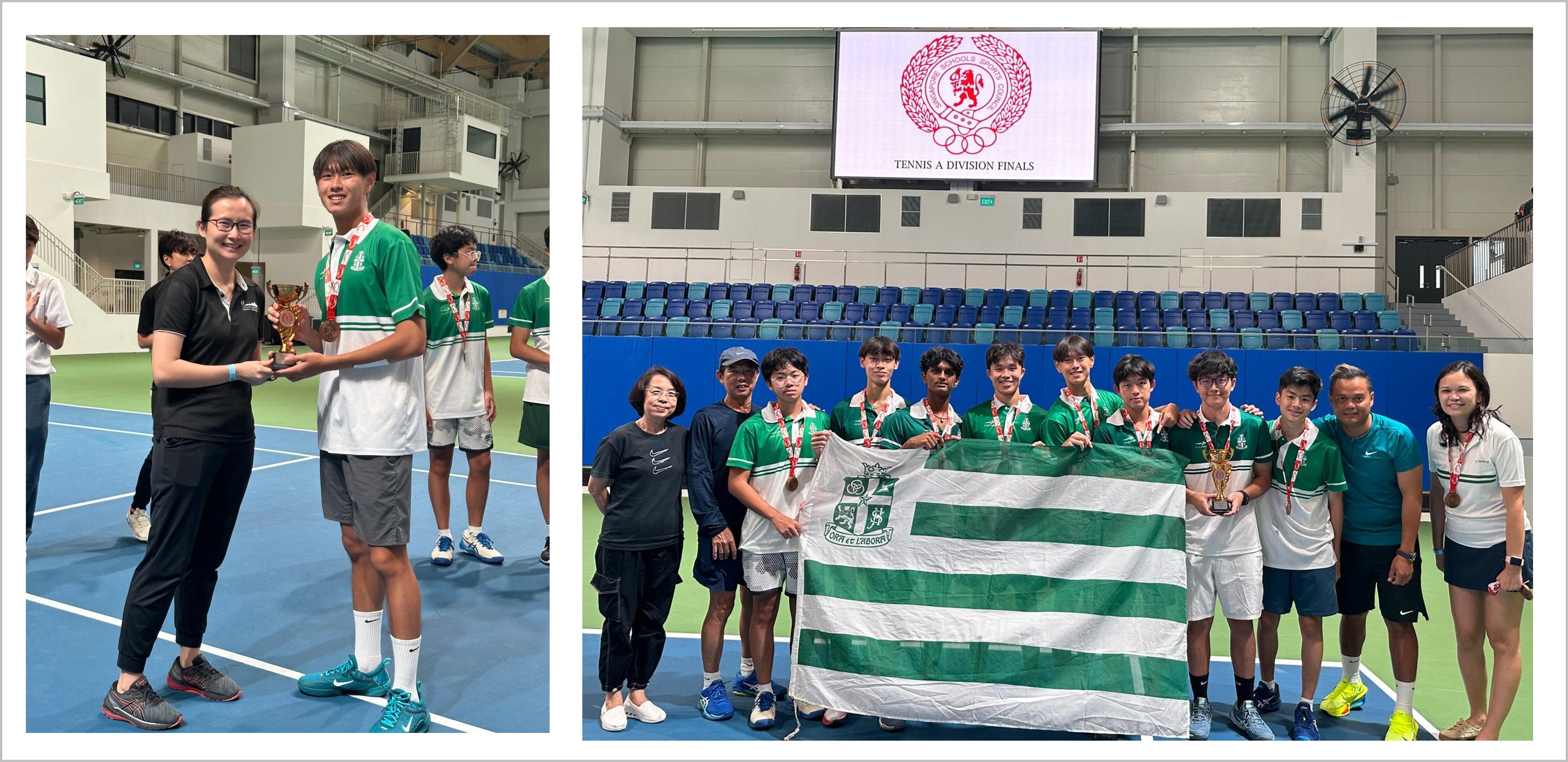 Tennis A Division Finals team in green uniforms poses with a flag and trophy on an indoor court.