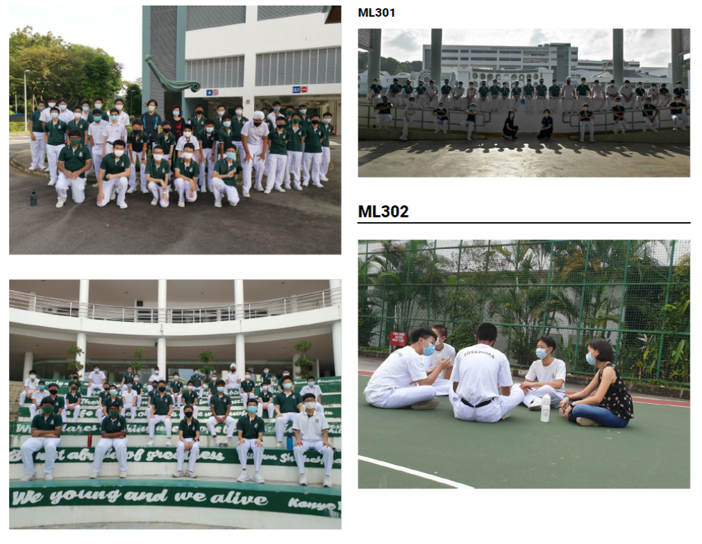 Four school group photos showing students in white and green uniforms wearing masks, posing outdoors on campus.