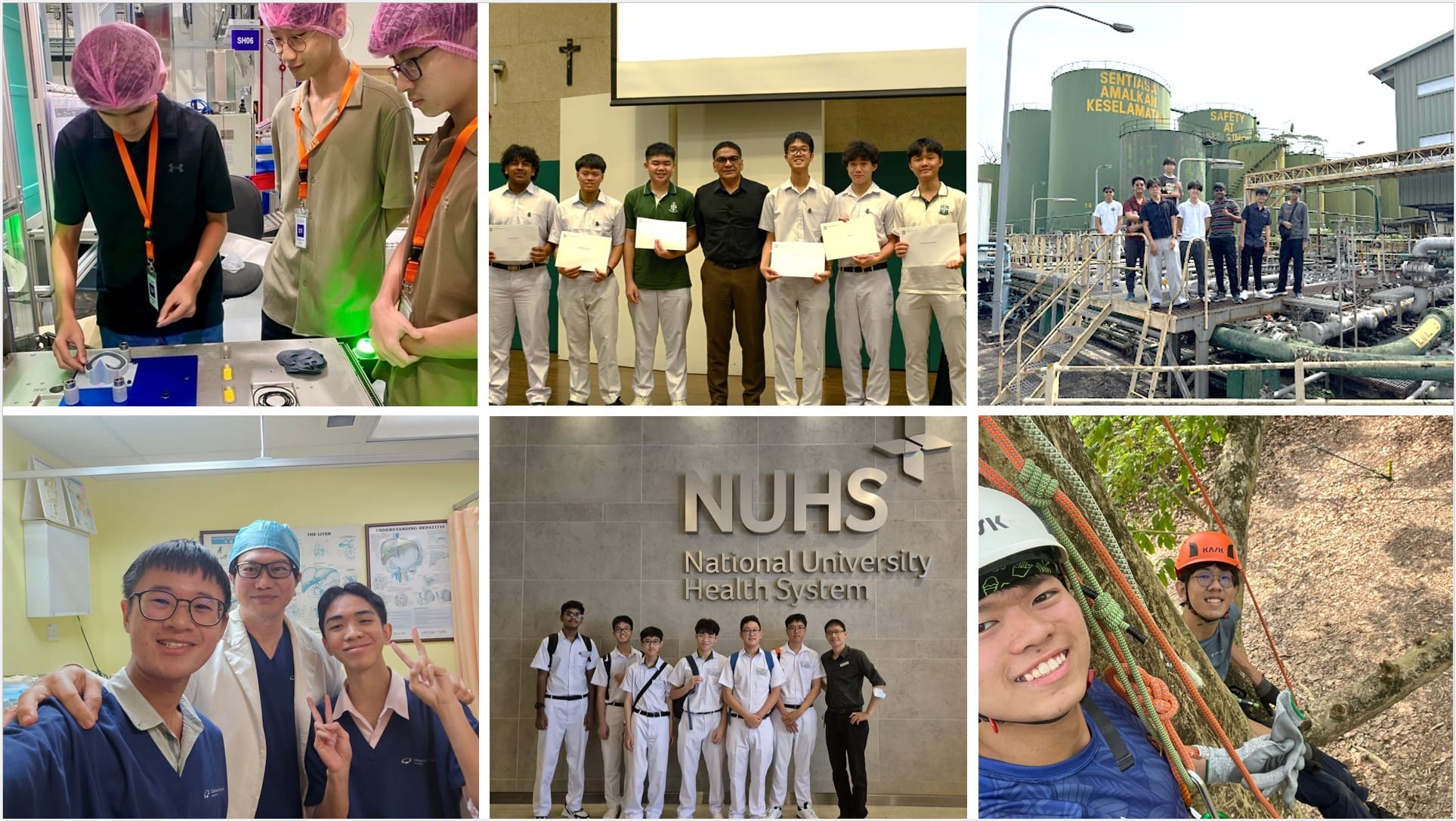 Six-panel collage of students in various settings including a lab, award ceremony, industrial site, hospital, NUHS, and outdoor climbing.
