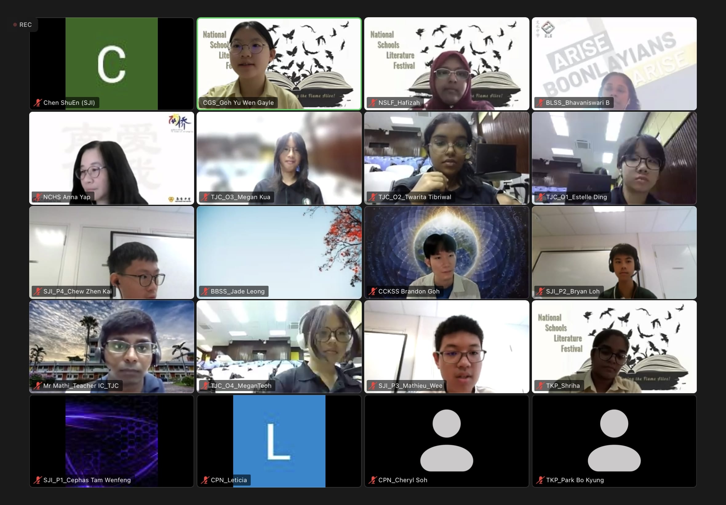 A video call grid showing 16 student and teacher participants from various schools in a virtual meeting.