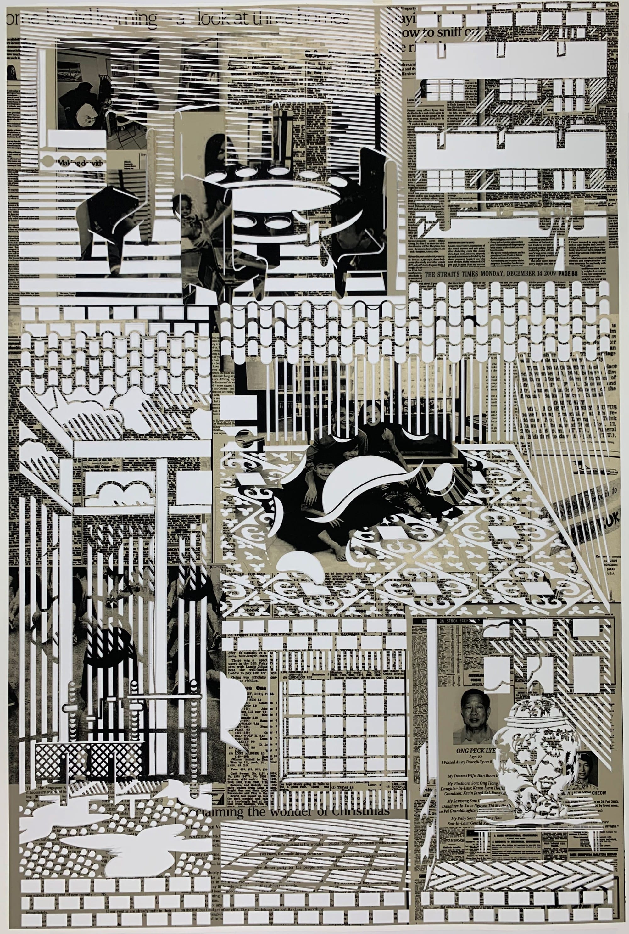 Papercut collage artwork made from newspaper clippings, blending furniture patterns, family photos, and a Straits Times headline.