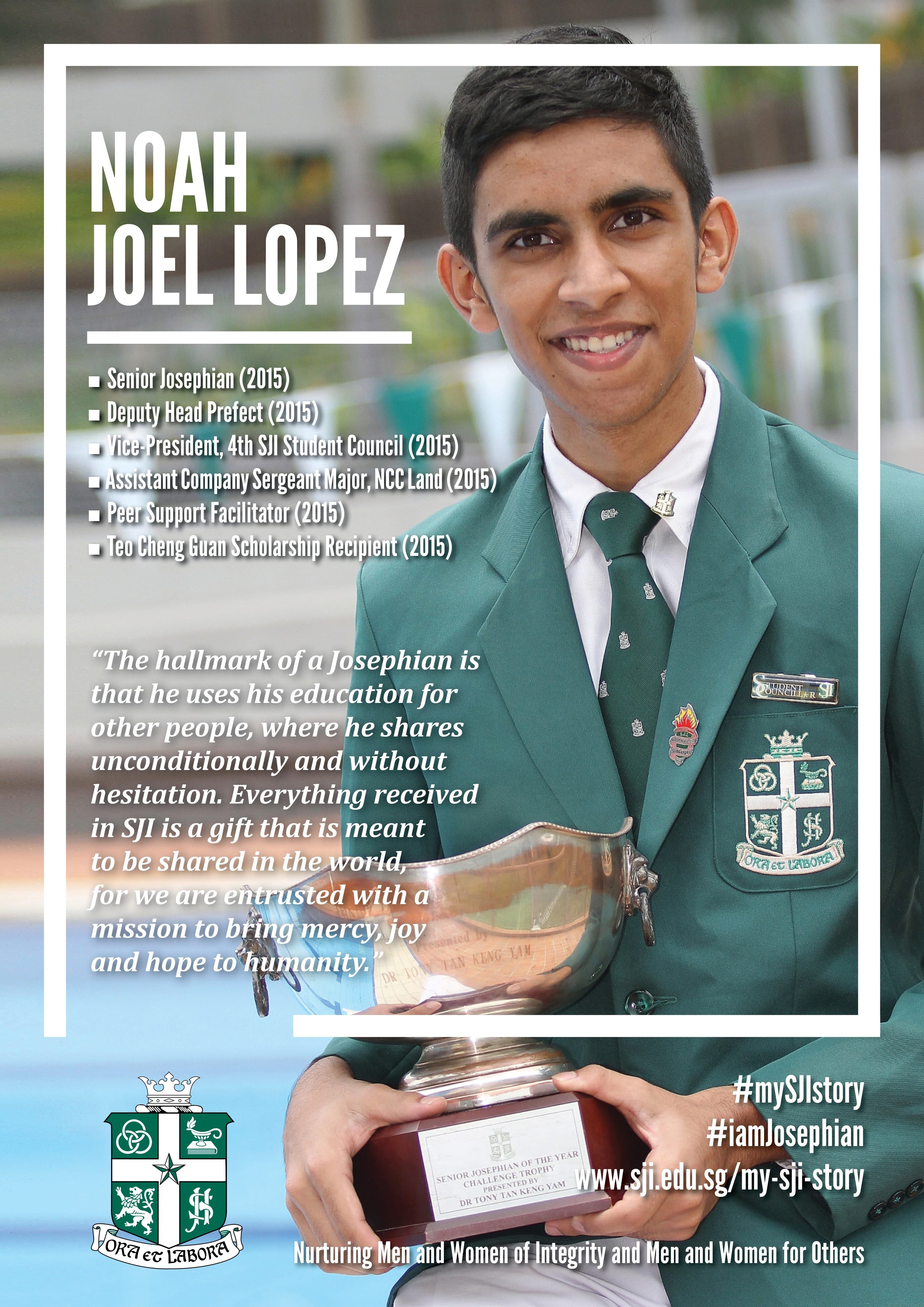 Teen boy in green school blazer and tie smiles while holding a silver trophy, with text naming him Noah Joel Lopez.