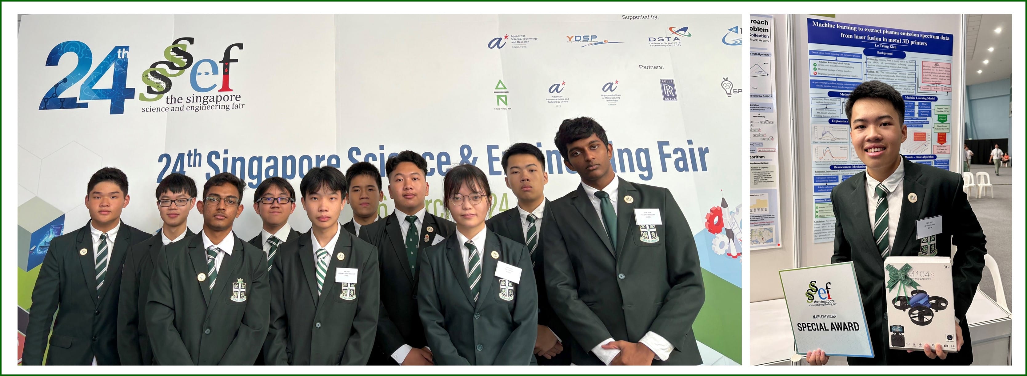 Students in green blazers pose at the 24th Singapore Science and Engineering Fair; one holds a Special Award.