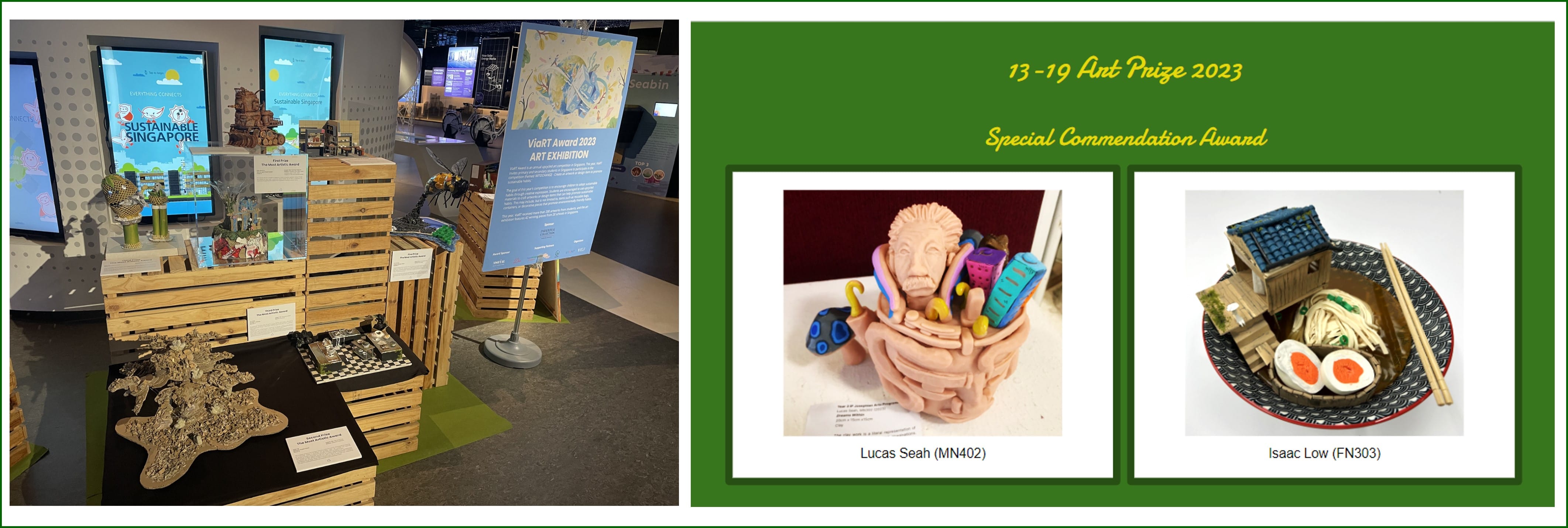 ViaRT 2023 art exhibition display with two Special Commendation Award winners' clay sculptures by students.