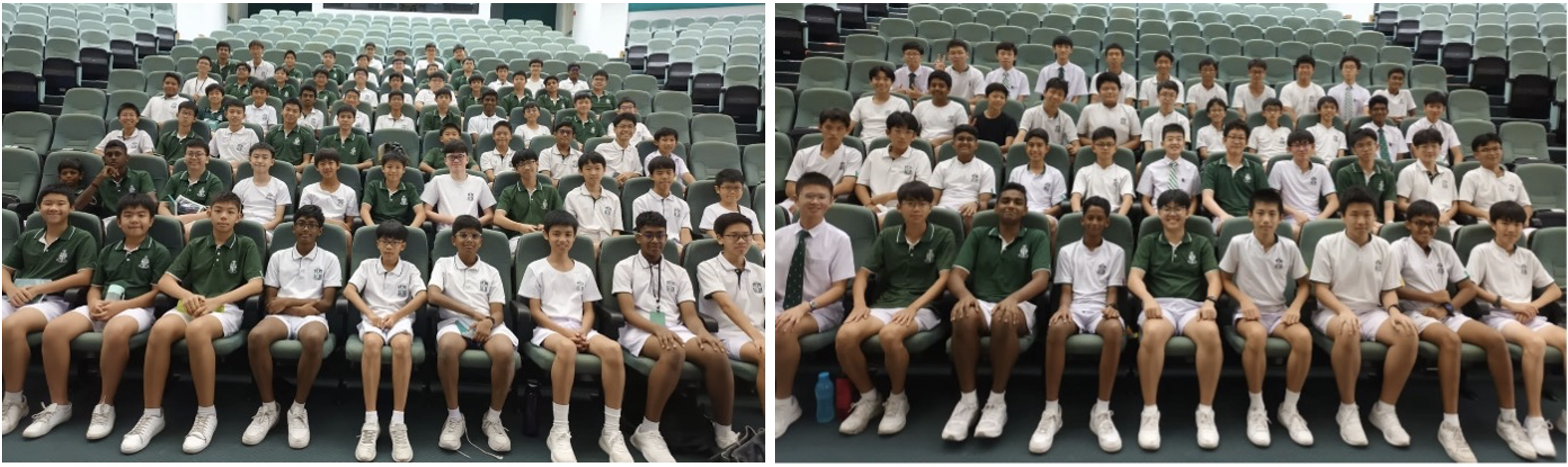 Two side-by-side group photos of students in white and green uniforms seated in a large lecture hall.