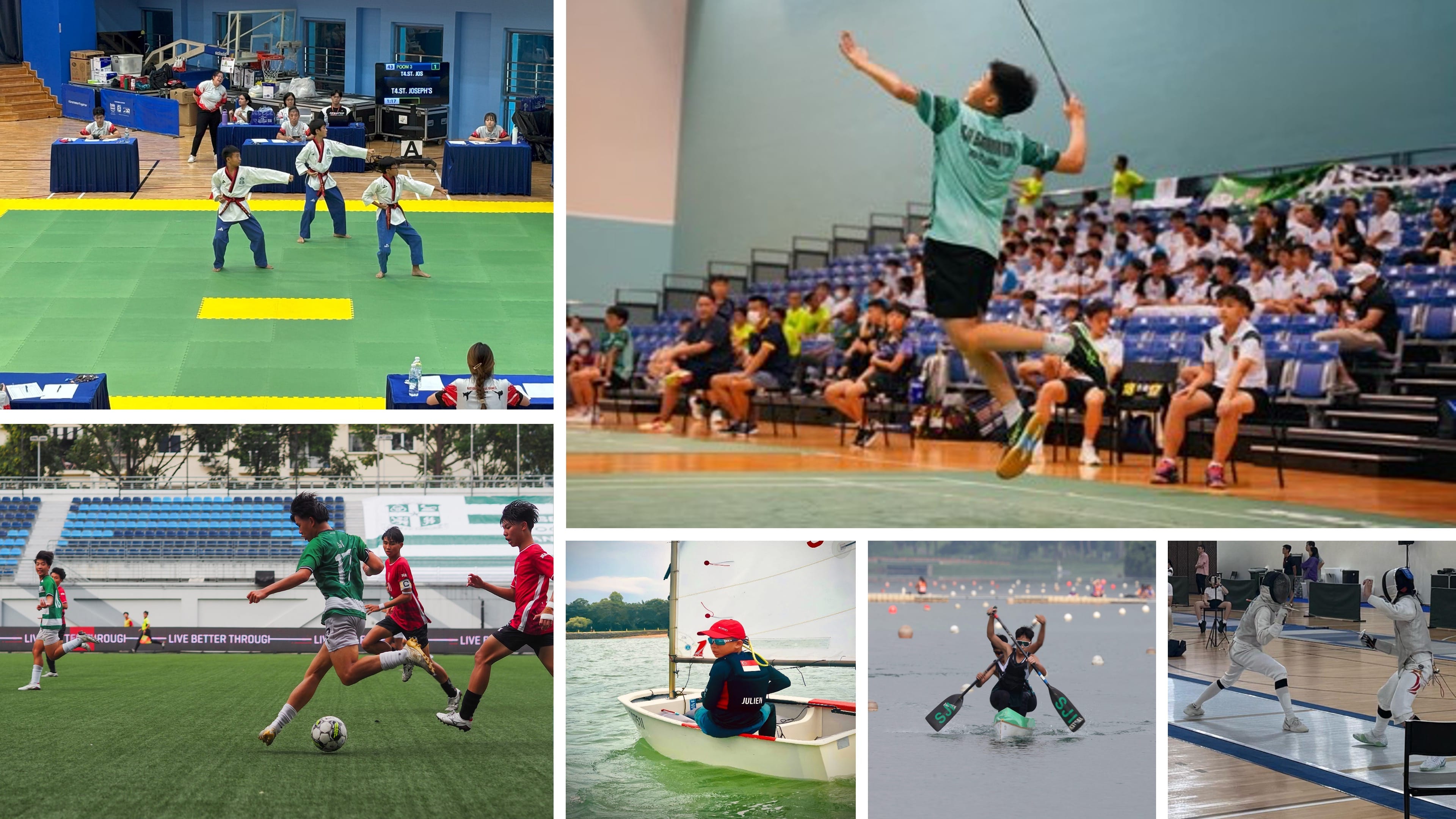 Collage of six youth sports: taekwondo, badminton, soccer, sailing, canoeing, and fencing competitions.