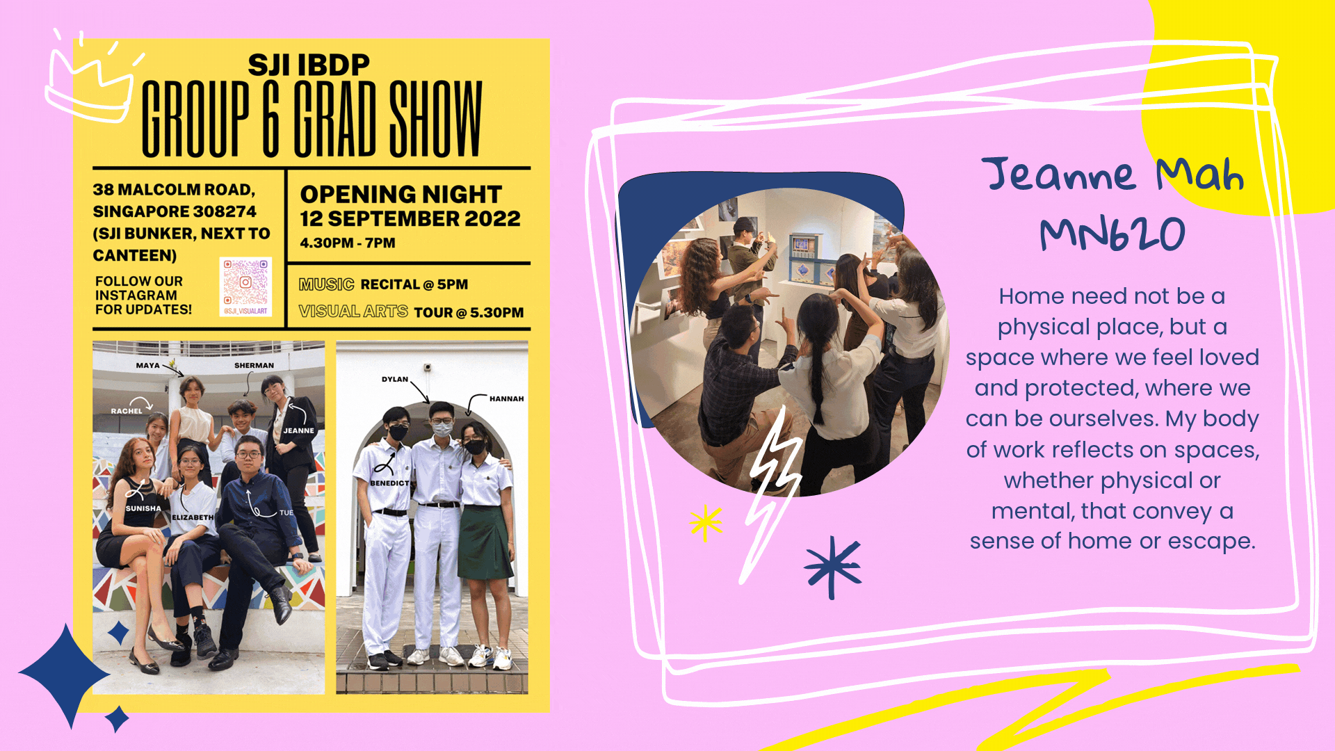 Promotional flyer for SJI IBDP Group 6 Grad Show on 12 September 2022, featuring student photos and event details.