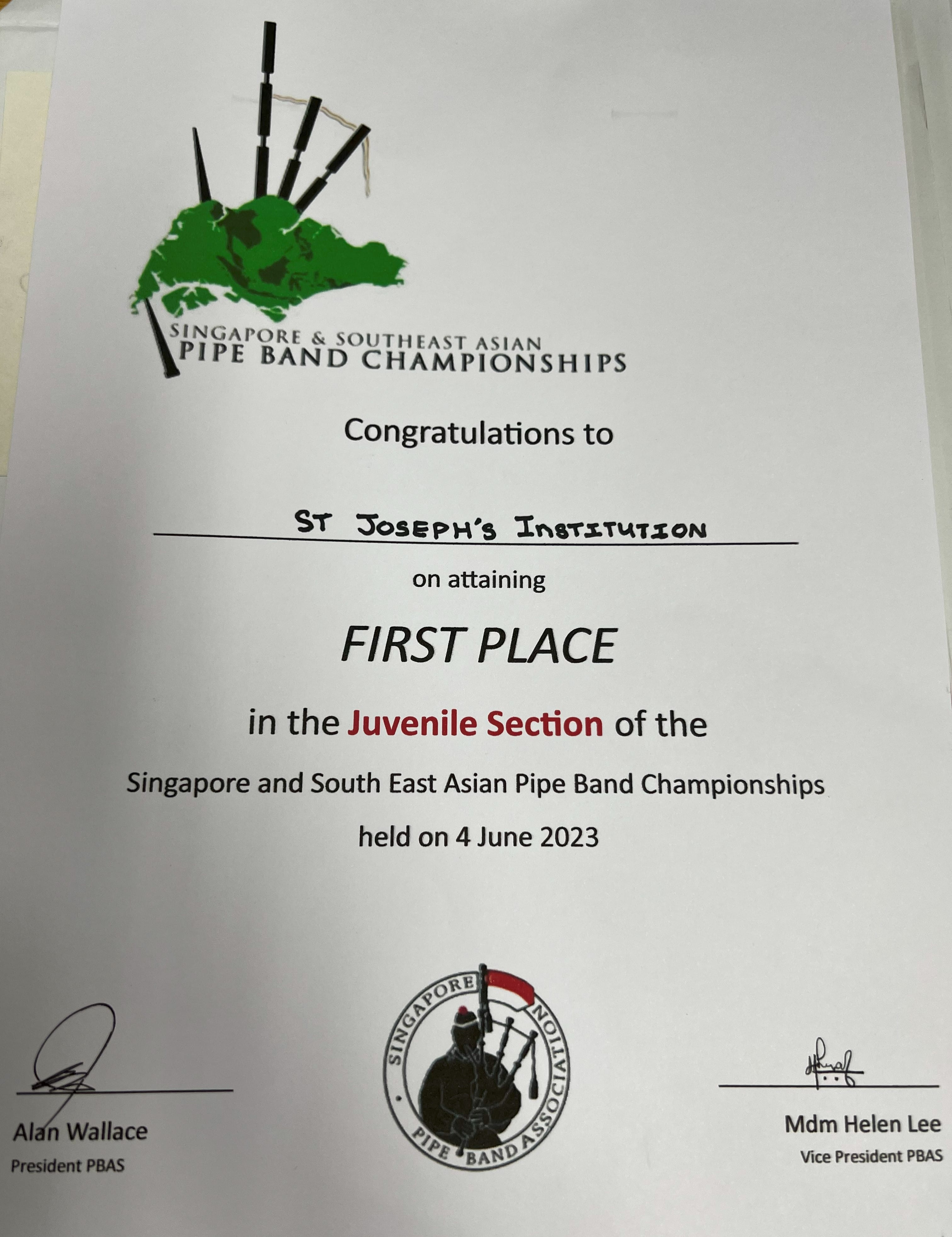 Certificate awarding St Joseph's Institution First Place in the Juvenile Section of the Singapore Pipe Band Championships, June 2023.