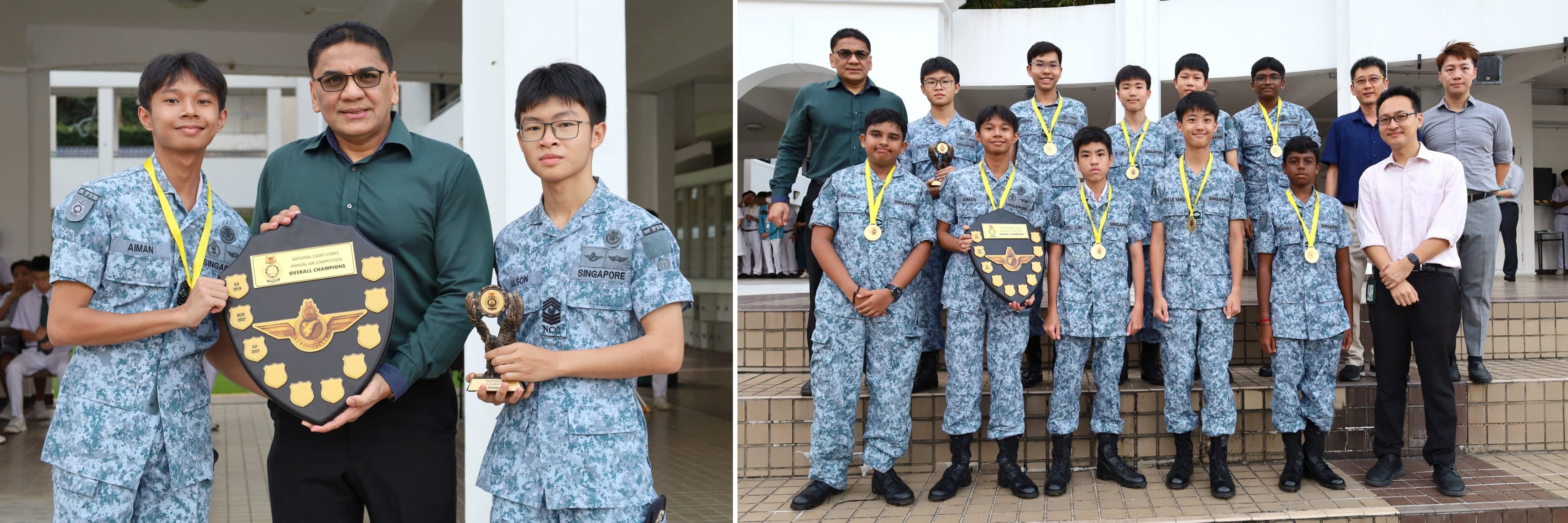 Students in camouflage uniforms holding shield trophies and gold medals pose with adults for group photos.