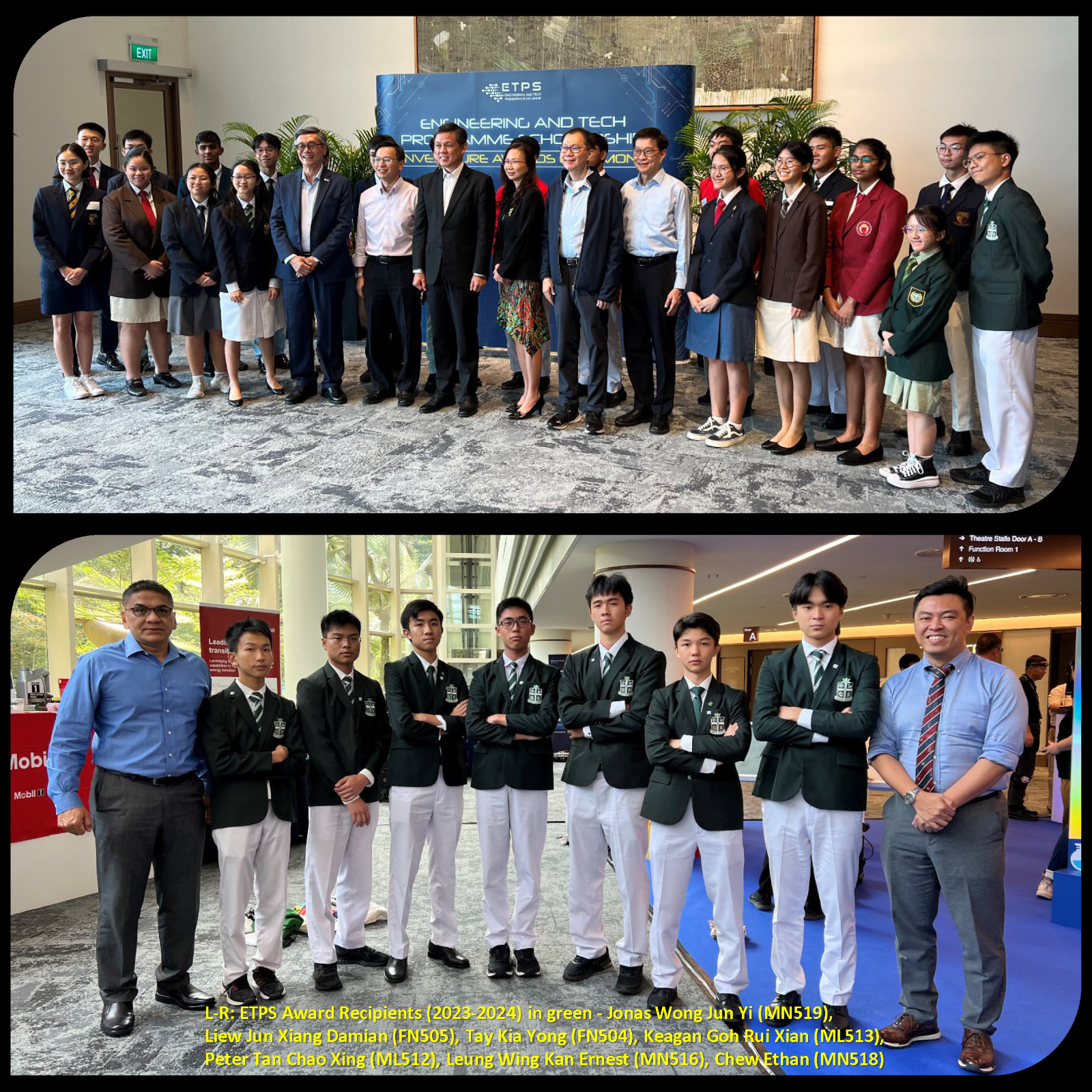 Two photos: a large group at the ETPS Investiture Awards Ceremony, and eight green-blazered ETPS Award Recipients 2023-2024 with two staff.