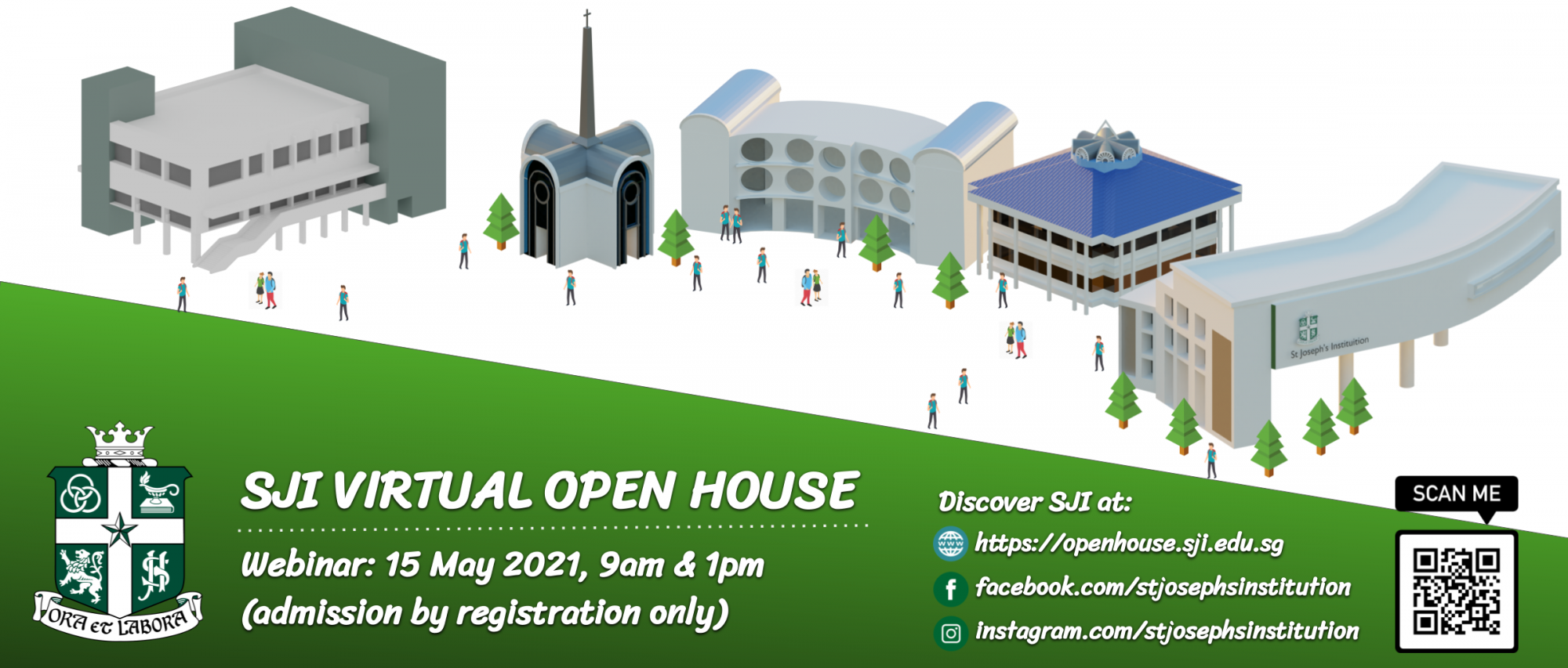 Promotional banner for SJI Virtual Open House webinar on 15 May 2021 with 3D campus buildings illustration.