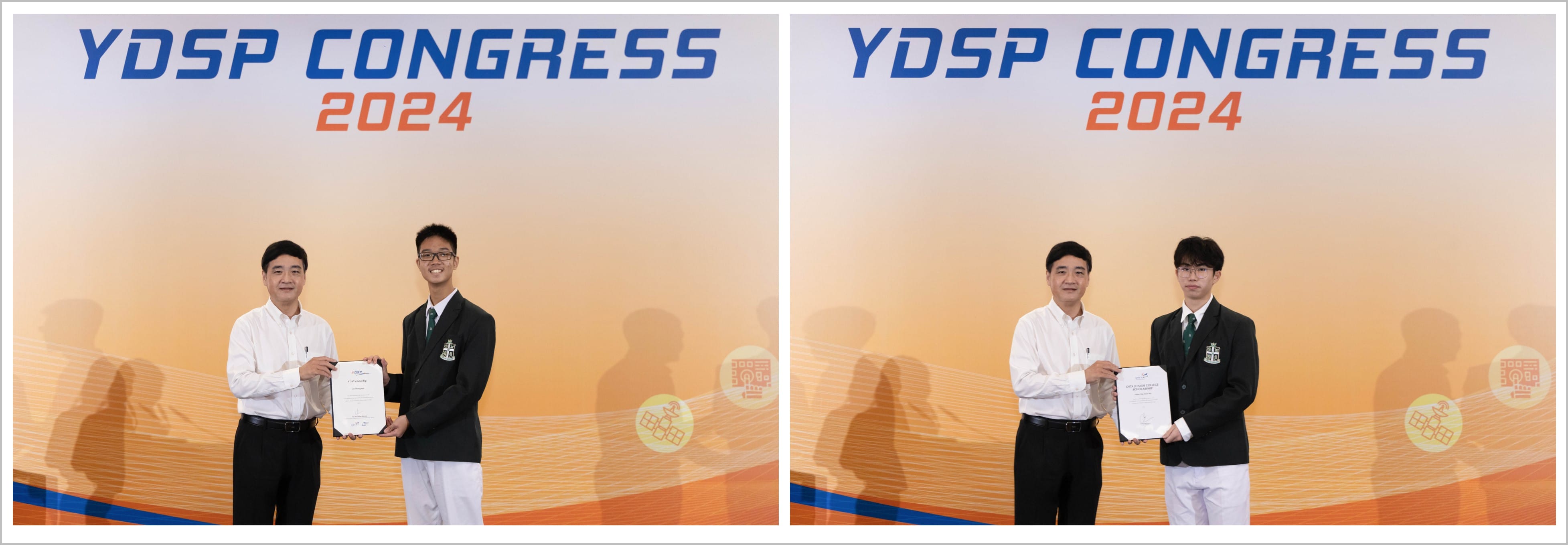 Two side-by-side photos of pairs of men holding certificates in front of a YDSP Congress 2024 banner.