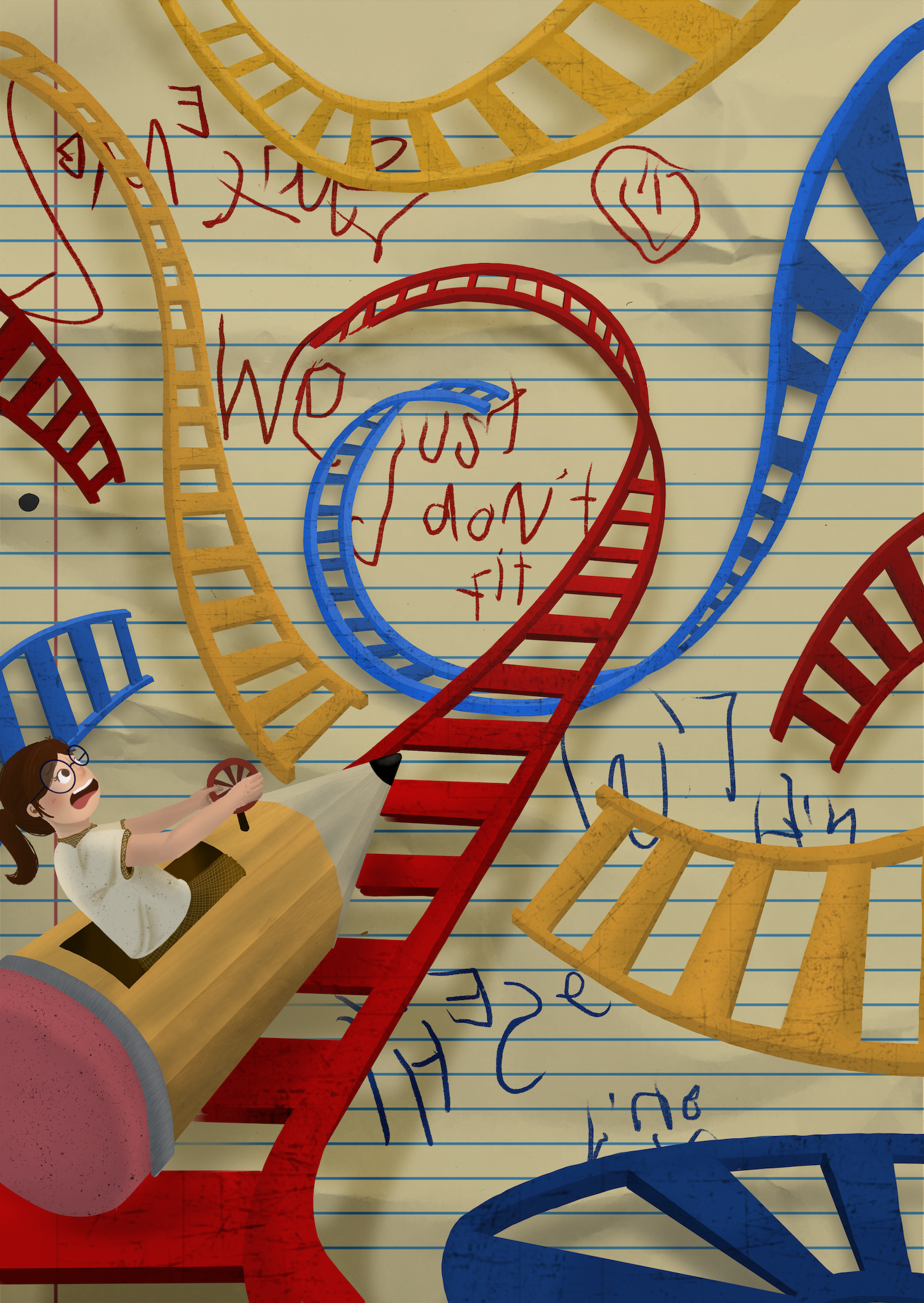 Illustration of a girl riding a pencil along looping roller coaster tracks on lined paper, with handwritten text reading 'We just don't fit'.