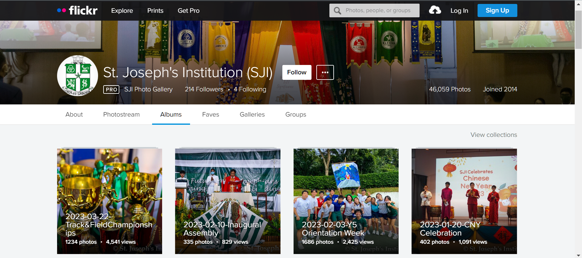 Flickr profile page for St. Joseph's Institution showing photo albums with school events thumbnails.