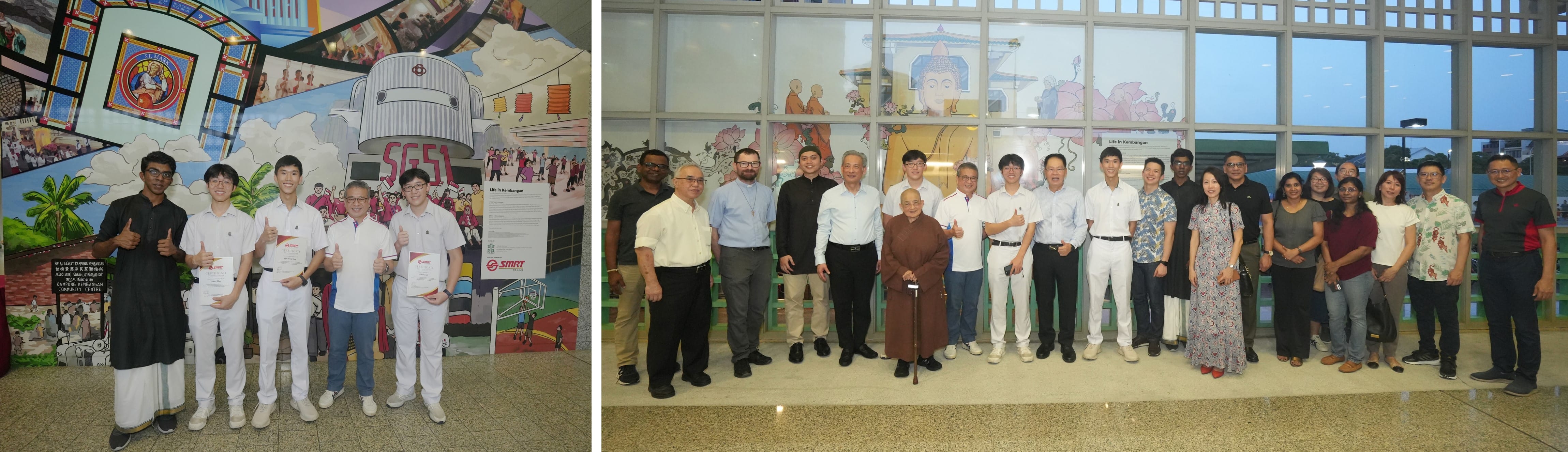 Two group photos of people posing indoors in front of colorful murals, one small group and one large group.