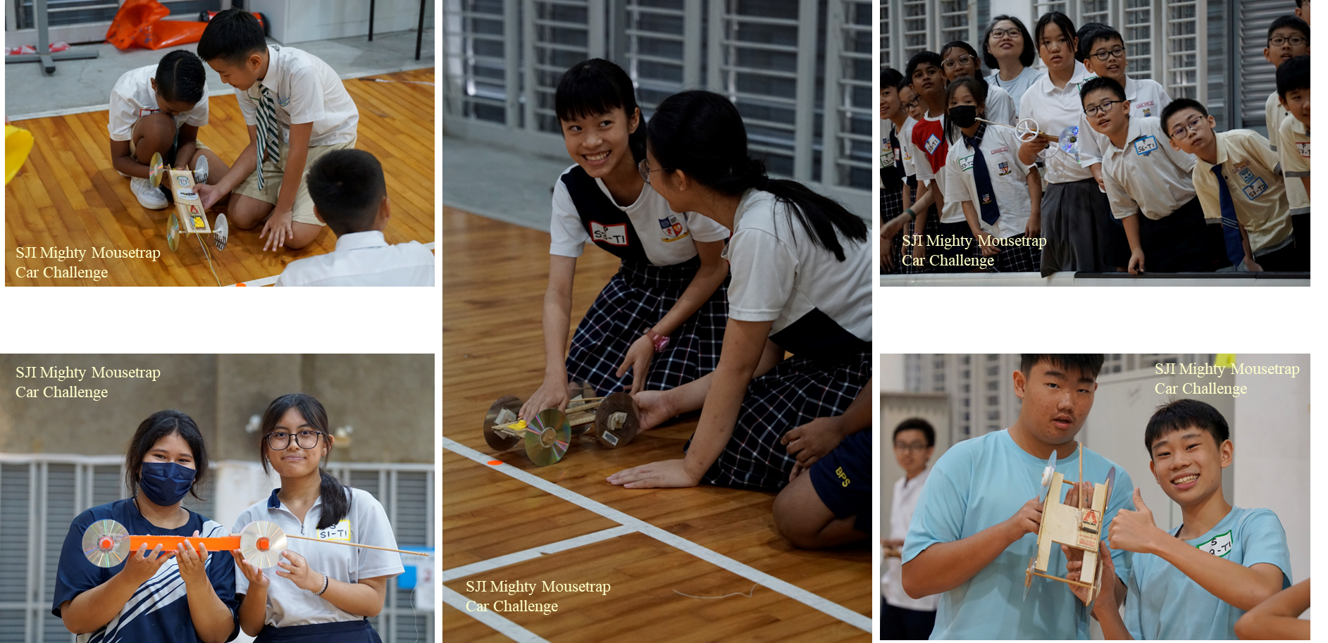 Students in school uniforms participate in the SJI Mighty Mousetrap Car Challenge, building and racing handmade cars.