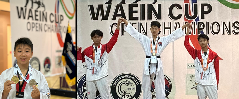 Three young taekwondo athletes in uniforms with medals at the Waein Cup Open Championships podium.