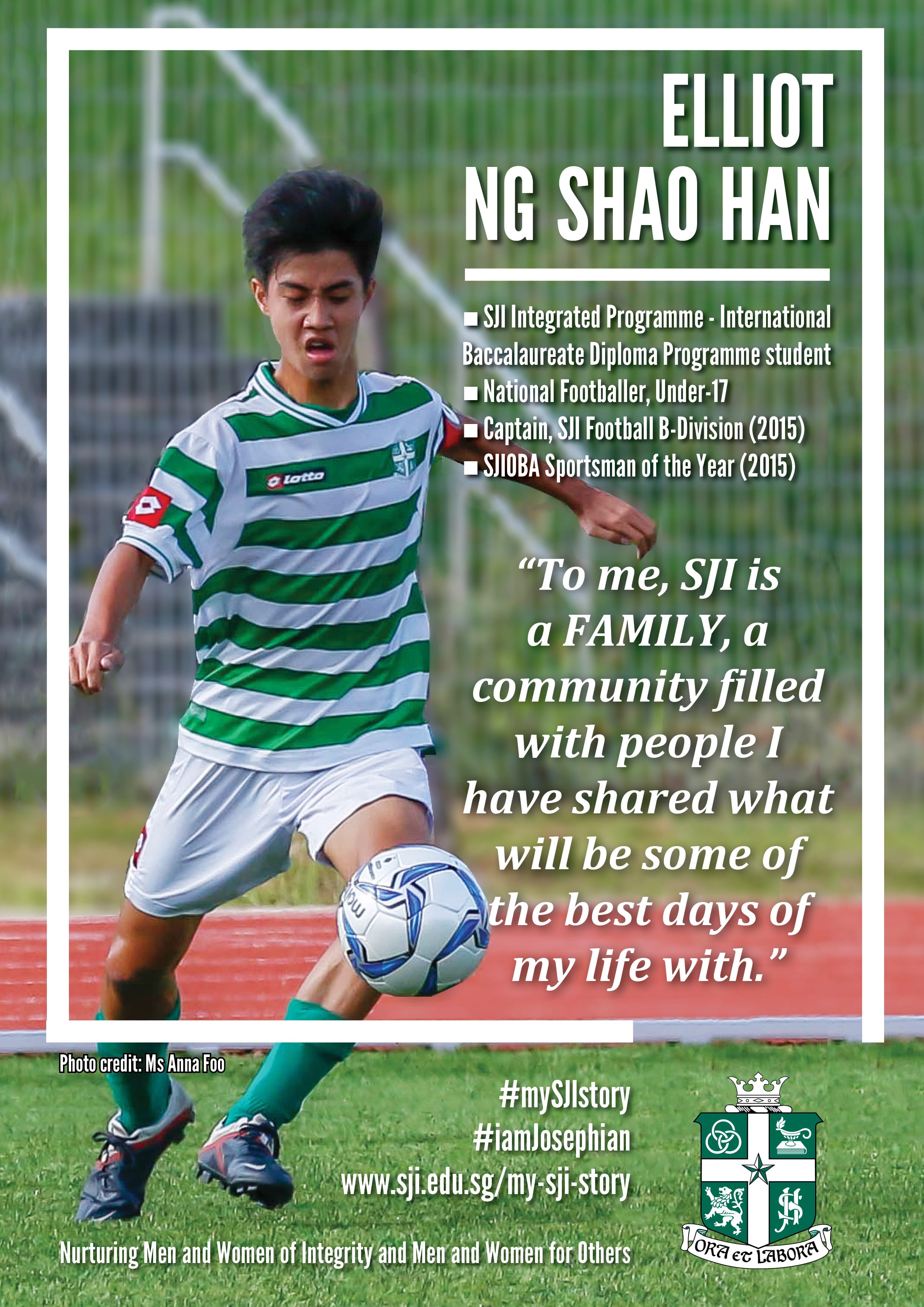 A young male footballer in a green and white striped kit dribbles a ball on a field in an SJI promotional poster.