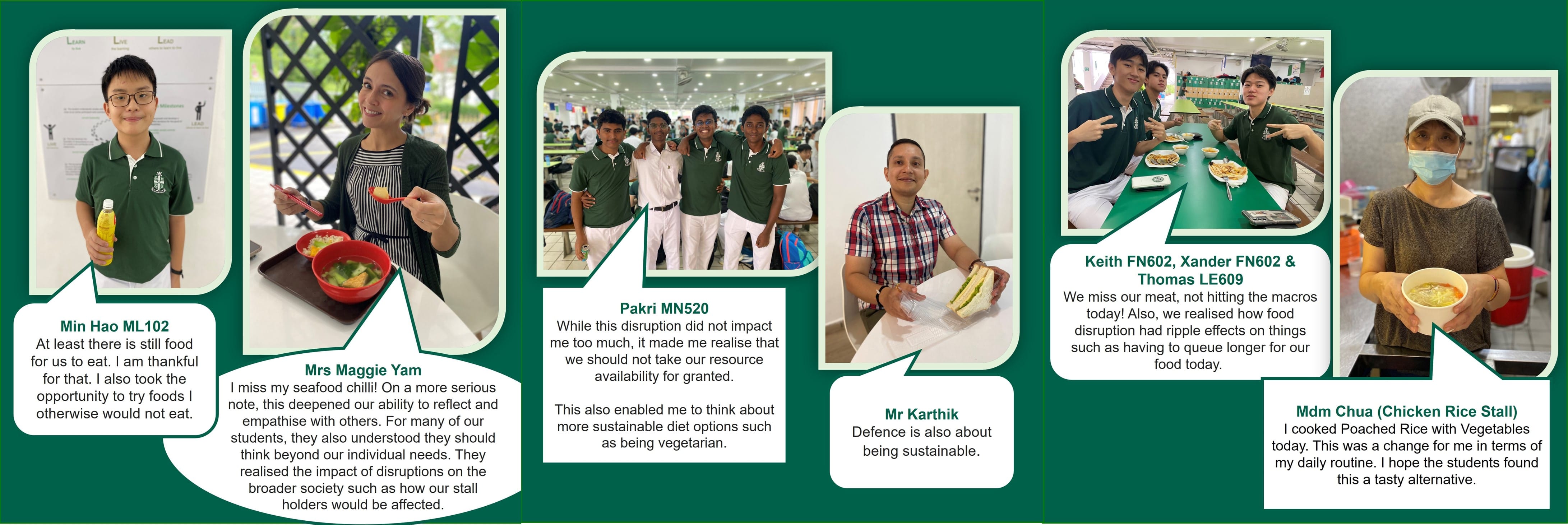 Seven students and staff share food disruption reflections, shown in photos at a school canteen with meals and quotes.