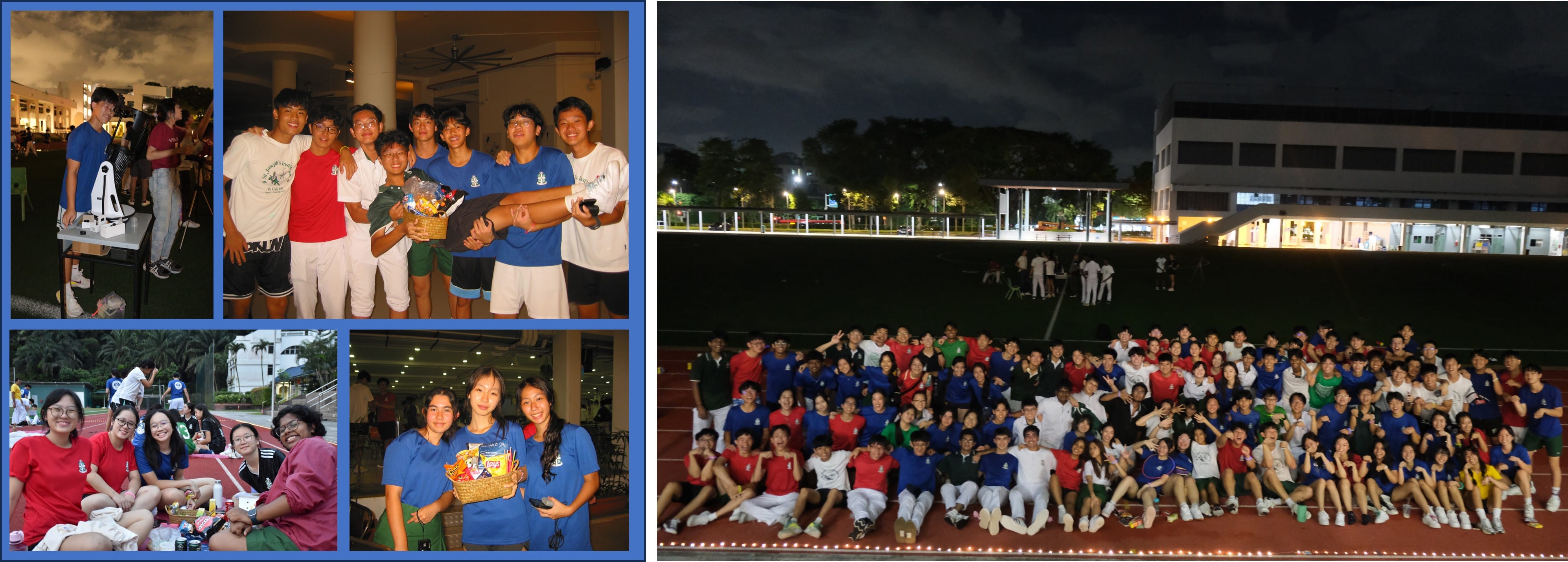 A collage of students at a nighttime school event, posing in groups on a track and indoors.