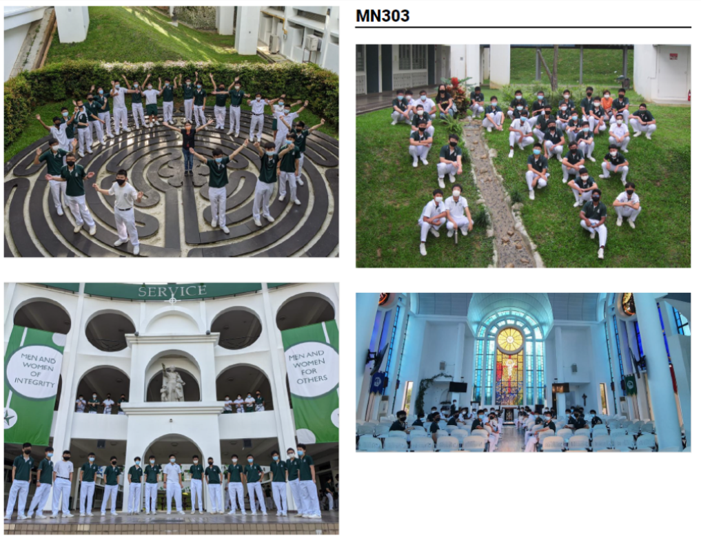 Four photos of masked students in green and white uniforms at a school, including a chapel and outdoor areas.