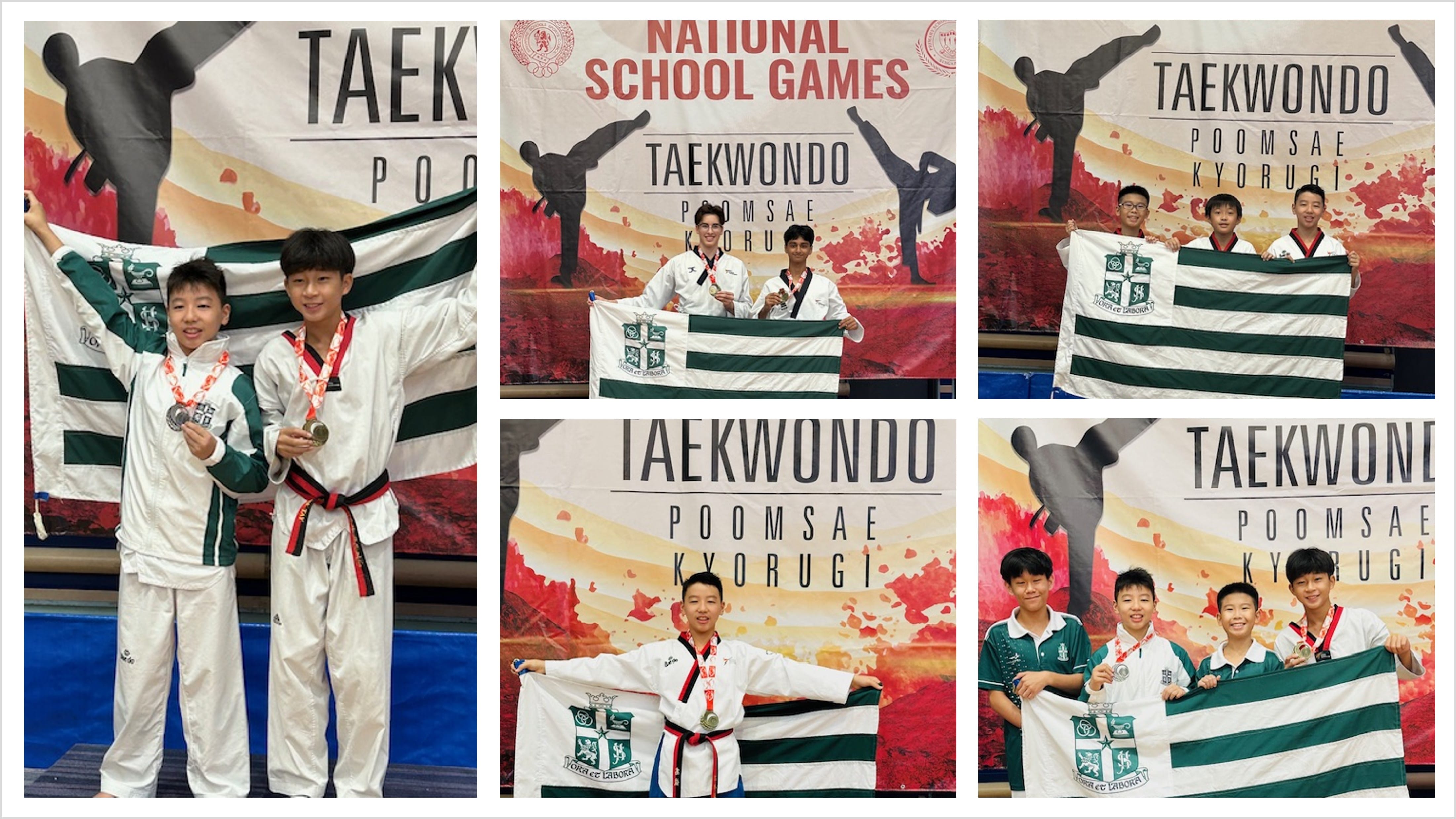Young taekwondo athletes in uniforms holding medals and a green-striped school flag at National School Games.