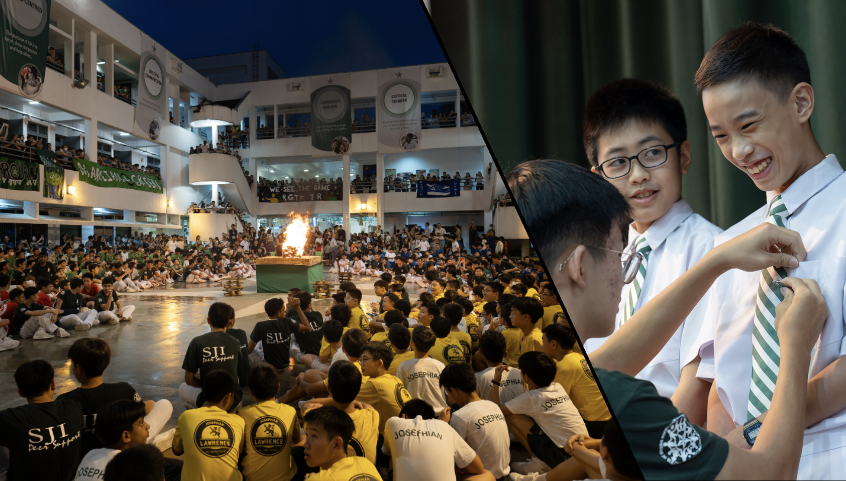 Students in yellow and black shirts gather around a bonfire at night; two boys in white shirts and green striped ties smile.