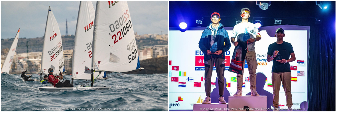 ILCA sailing dinghies racing on choppy water beside a podium ceremony with three young sailors holding trophies.