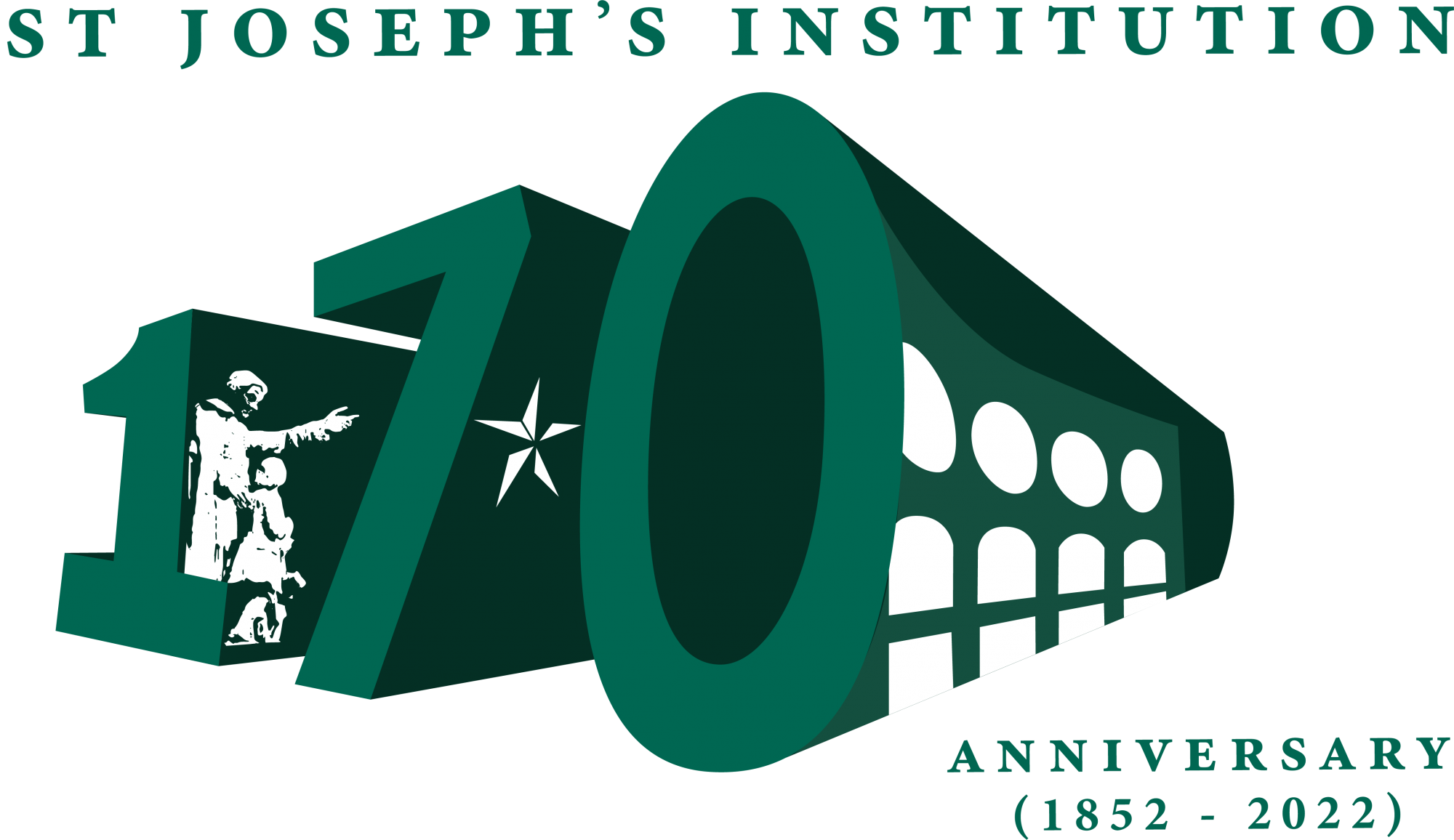 Green 3D text reading 170 with a building facade and figure, marking St Joseph's Institution 170th Anniversary 1852-2022.