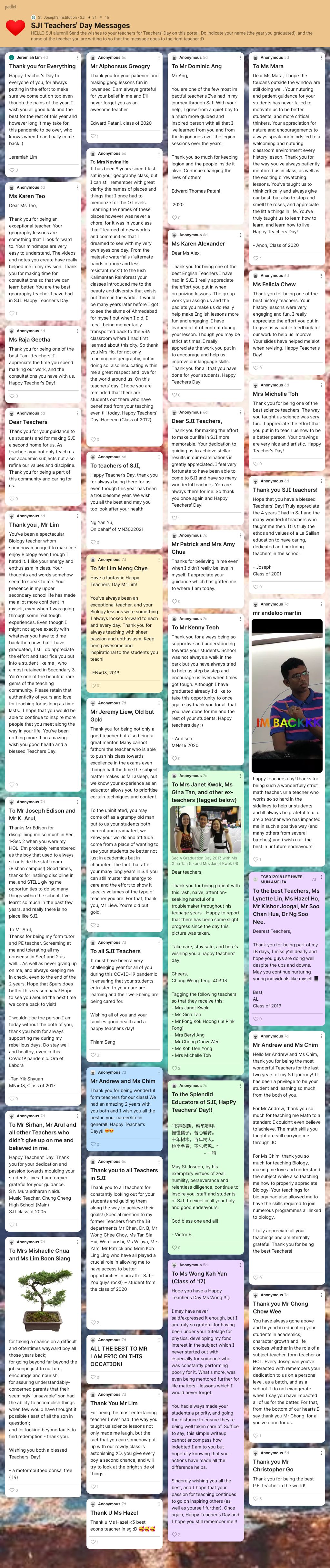 A collage of handwritten and typed Teachers Day messages from students to various teachers on a yellow-themed webpage.