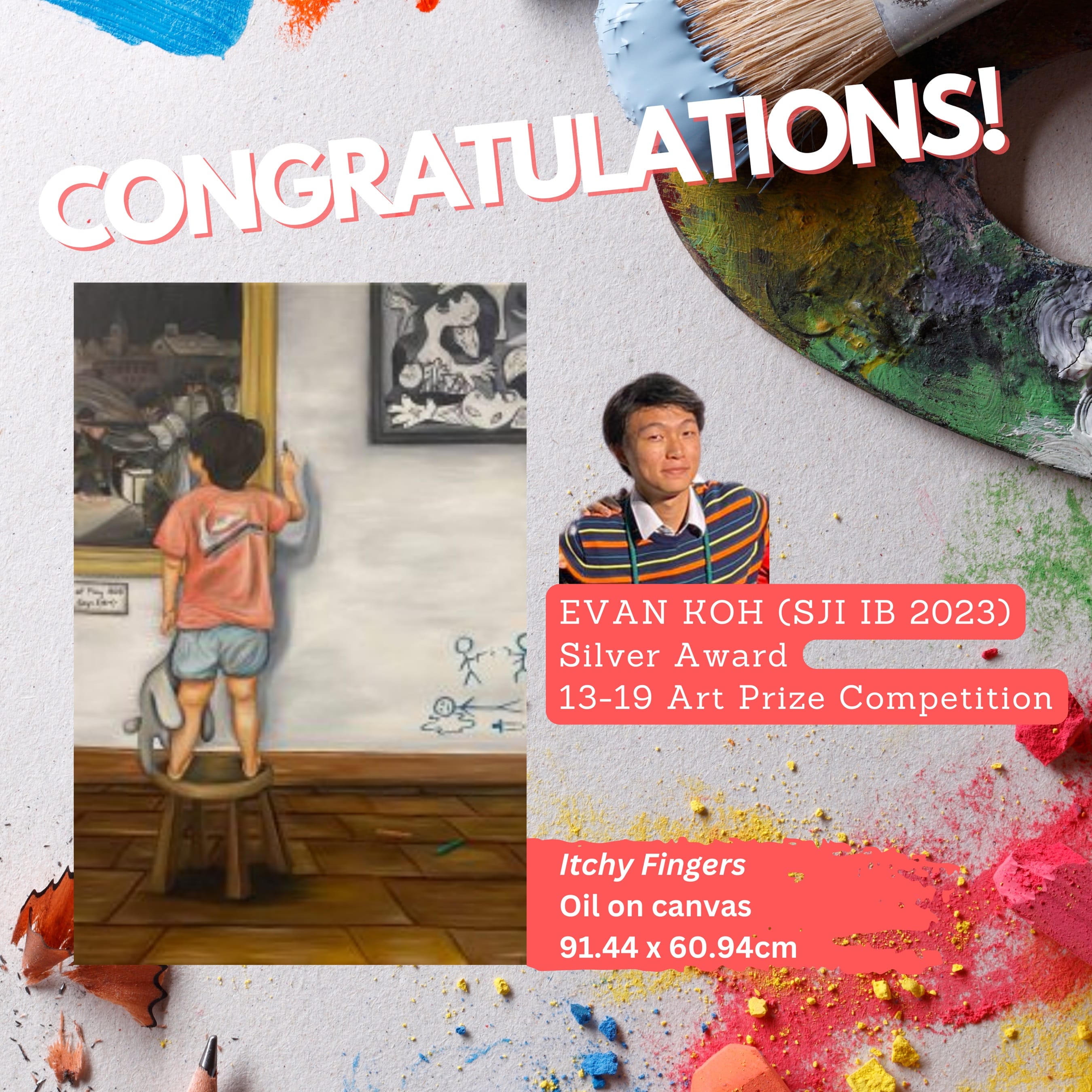 Congratulations card for Evan Koh winning Silver at a 13-19 Art Prize, showing his oil painting of a child drawing on a museum wall.