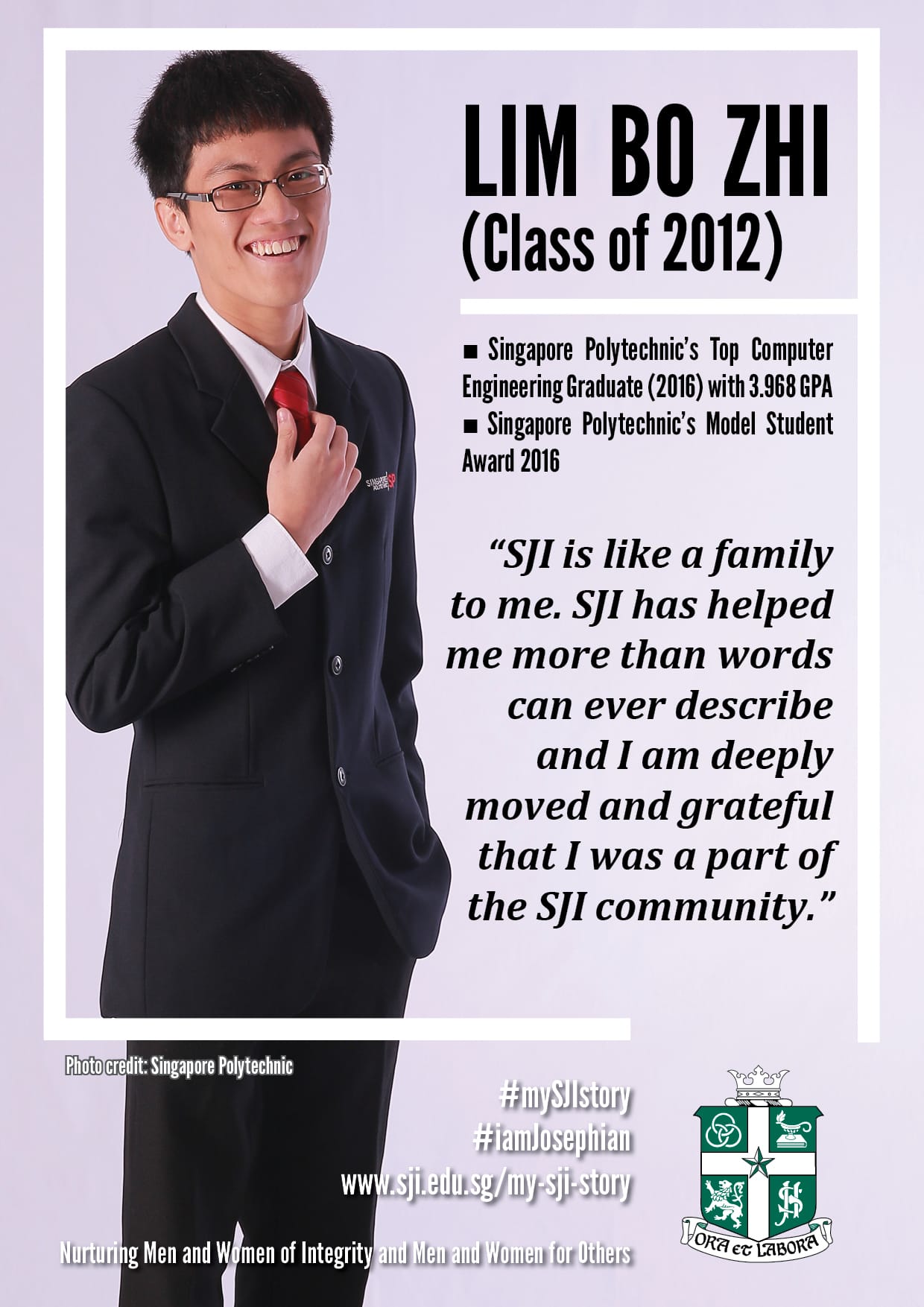 Young man in a black suit and red tie smiling, featured in an SJI alumni poster for Lim Bo Zhi, Class of 2012.