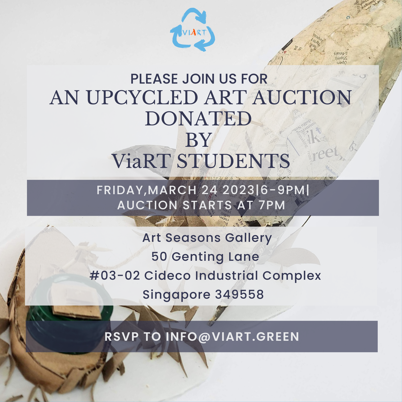 ViaRT upcycled art auction event flyer for March 24, 2023, at Art Seasons Gallery, Singapore.