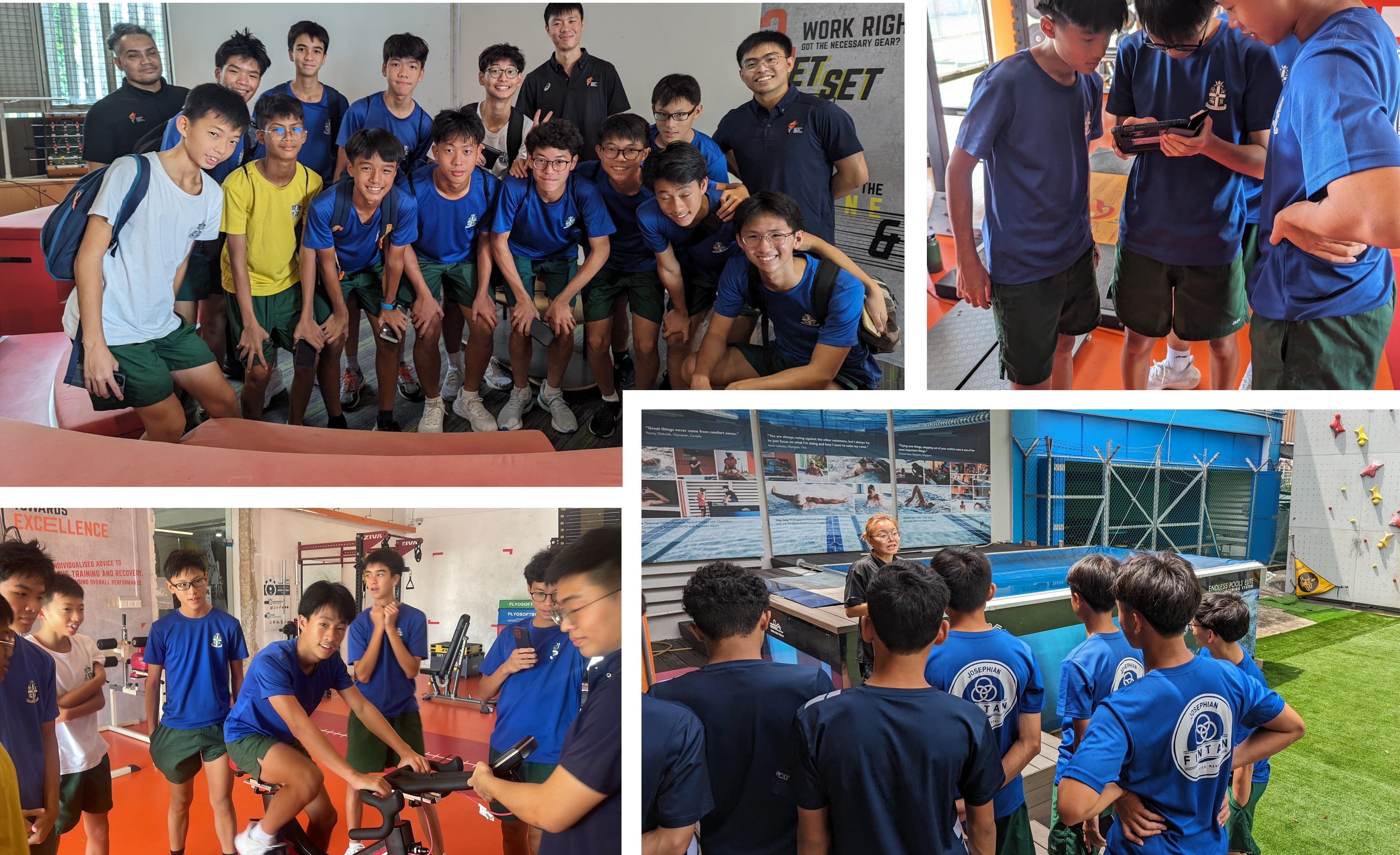 Students in blue uniforms visit a sports facility, posing for photos, using gym equipment, and attending a poolside talk.