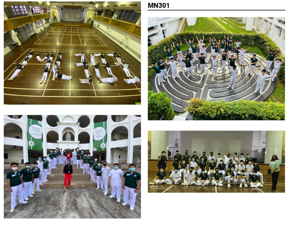 Four group photos of students in white uniforms posing in a gym, courtyard, outdoor maze, and indoor hall.