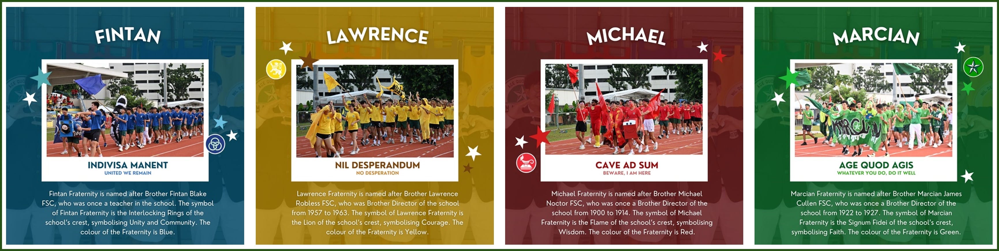 Four school fraternity cards: Fintan, Lawrence, Michael, and Marcian, each showing students marching in blue, yellow, red, and green.
