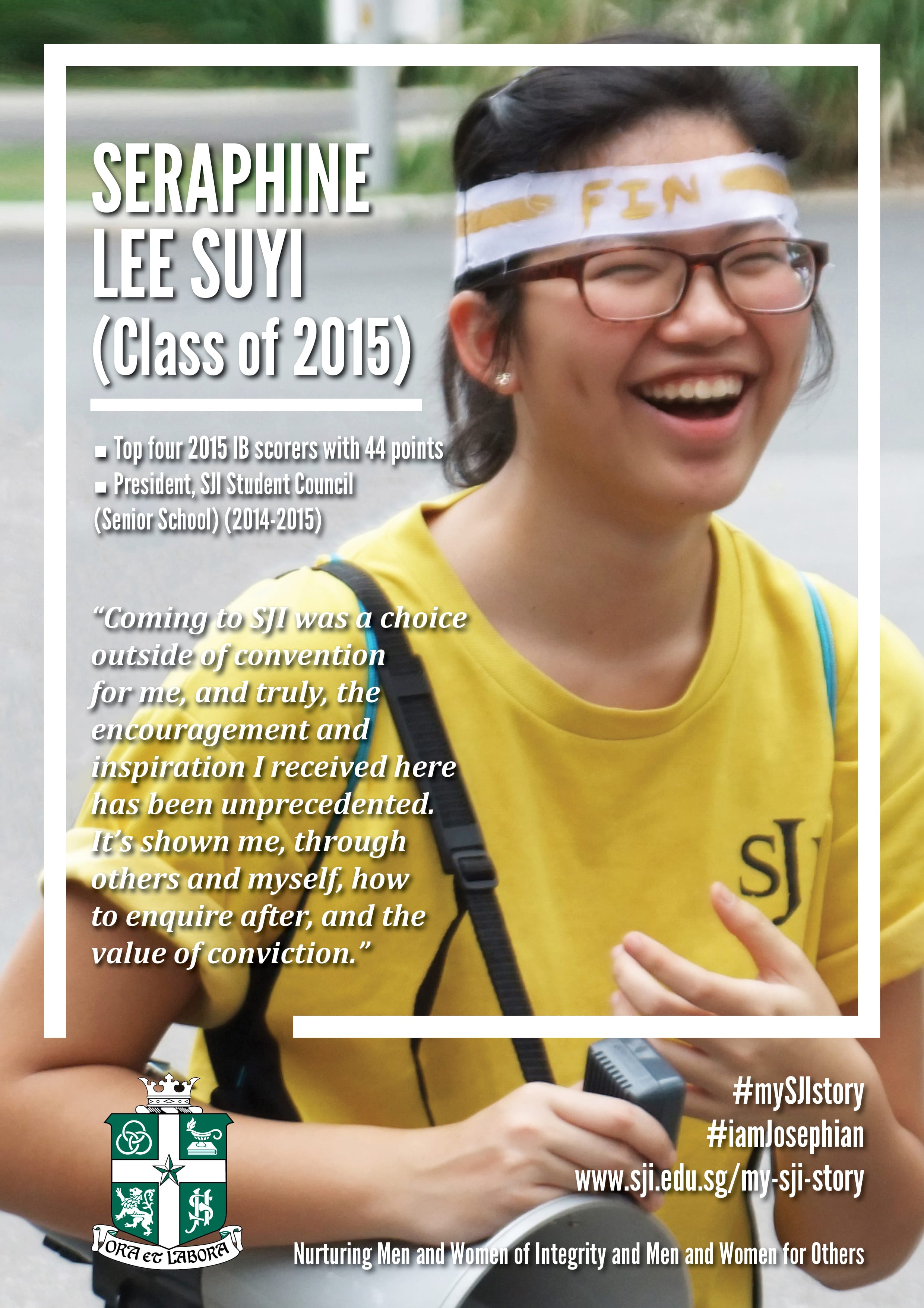 Smiling young woman in a yellow SJI shirt and headband, featured on a school promotional poster with text and quote.