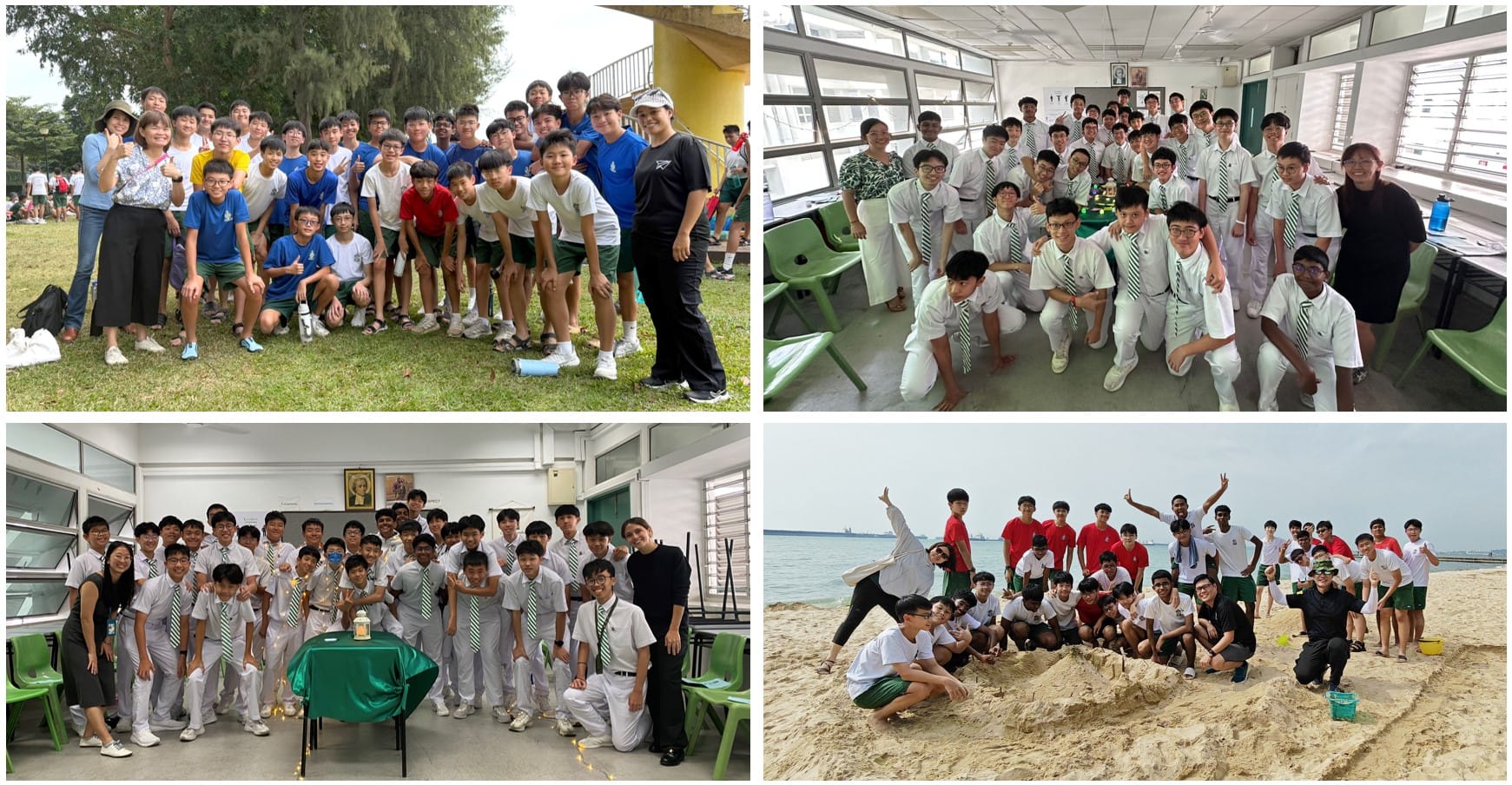 Four group photos of school students in uniforms, posing outdoors on grass, at a beach, and indoors in classrooms.