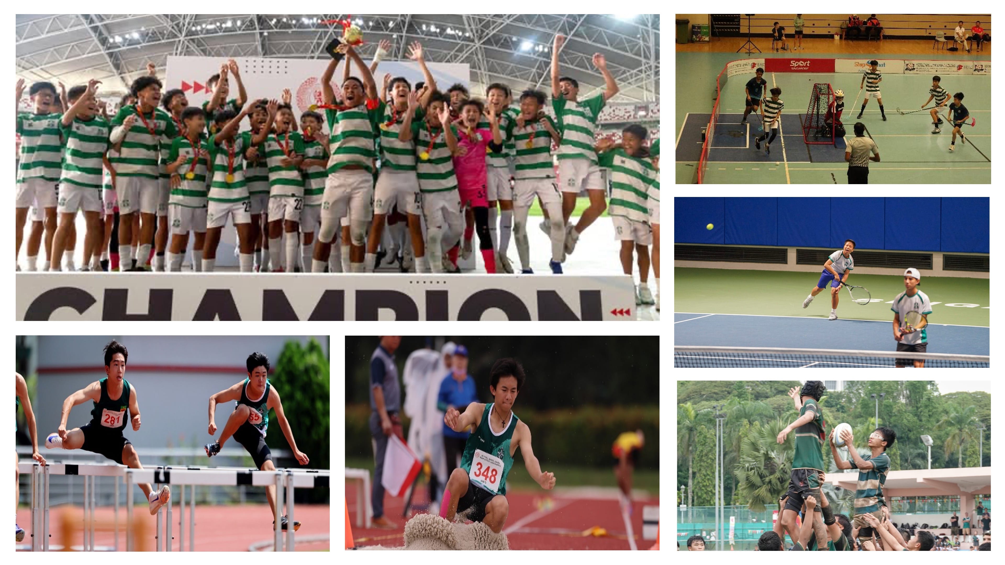 Collage of youth sports: football champions celebrating, hurdles, steeplechase, floorball, tennis, and rugby.