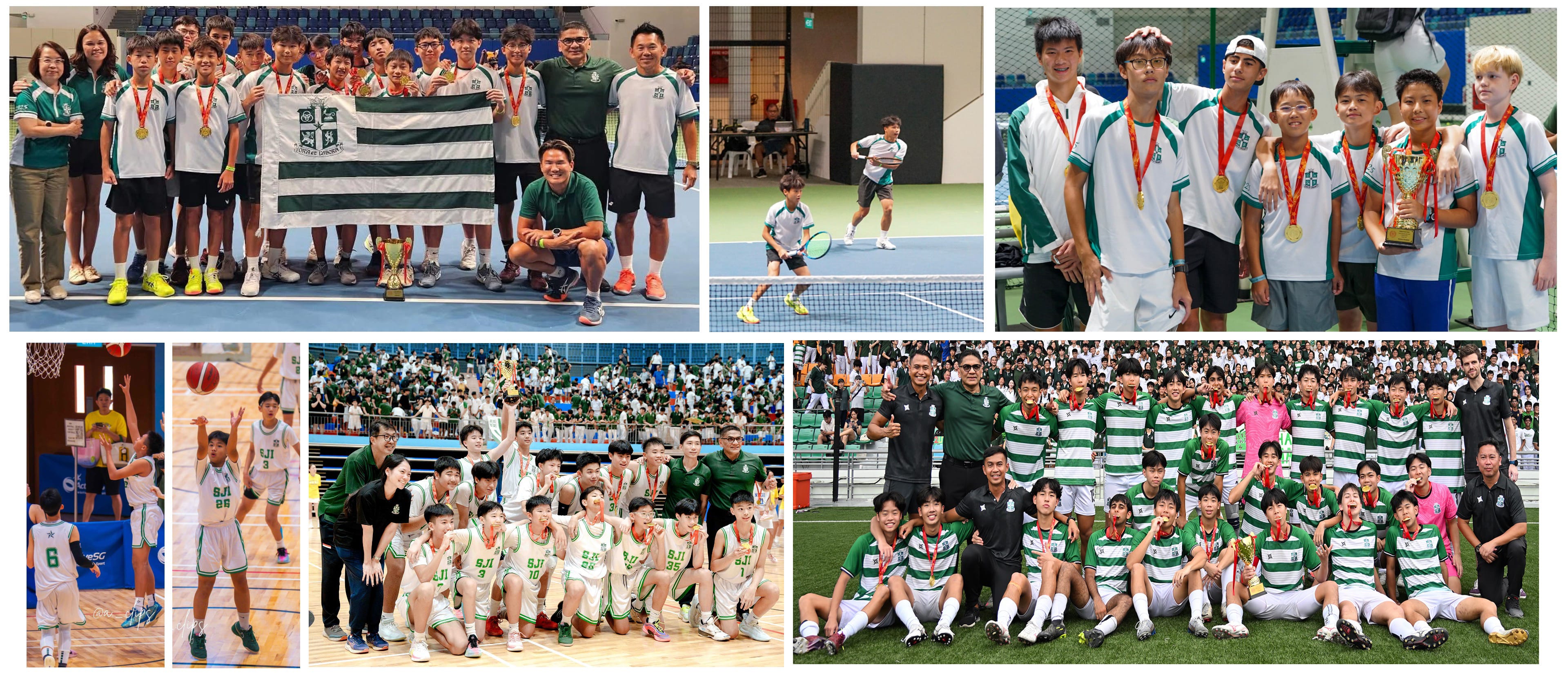 Collage of youth sports teams with medals, trophies, group photos, plus tennis and basketball action shots.